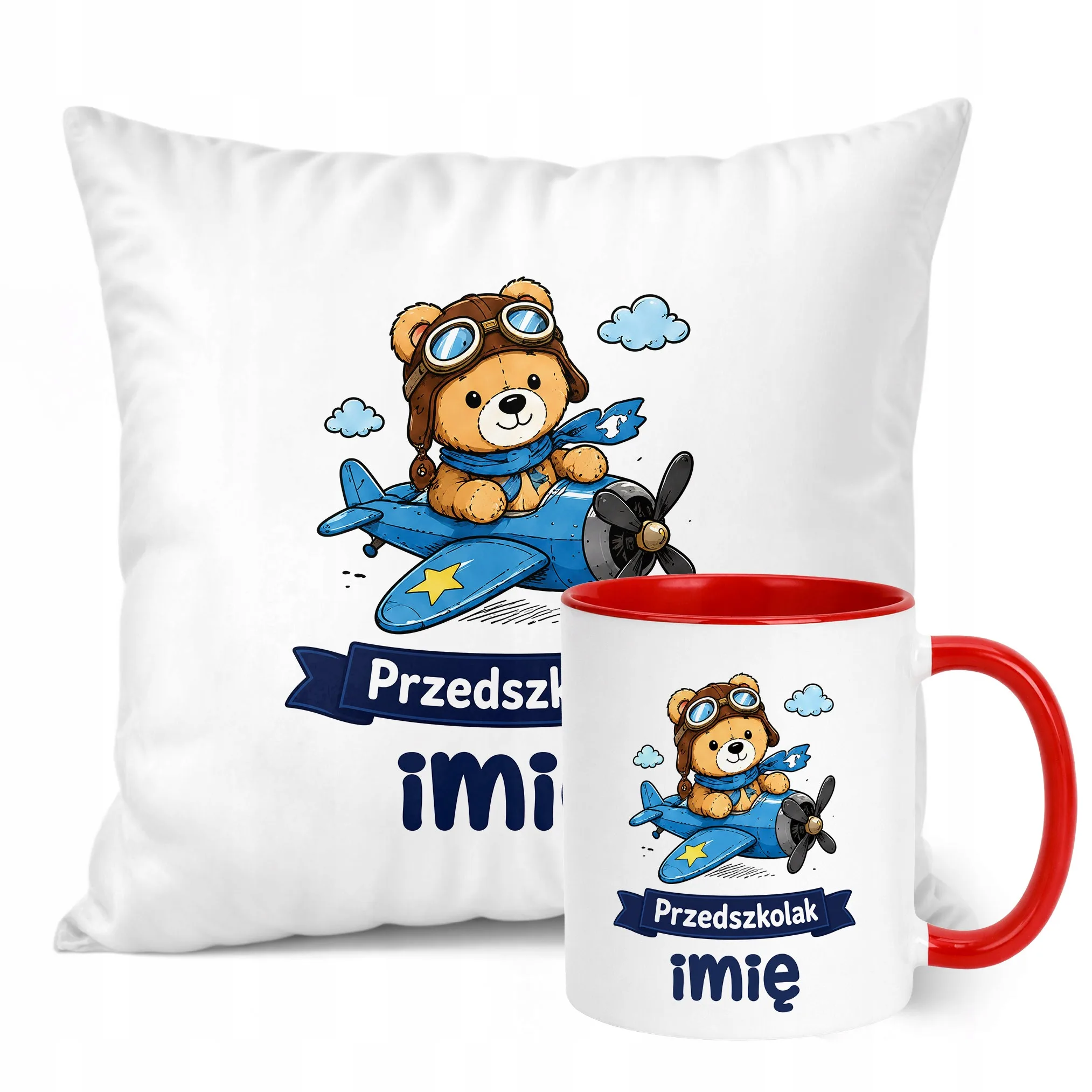 Zestaw Personalizowany Kubek Czerwony Poduszka Przedszkolak Miś