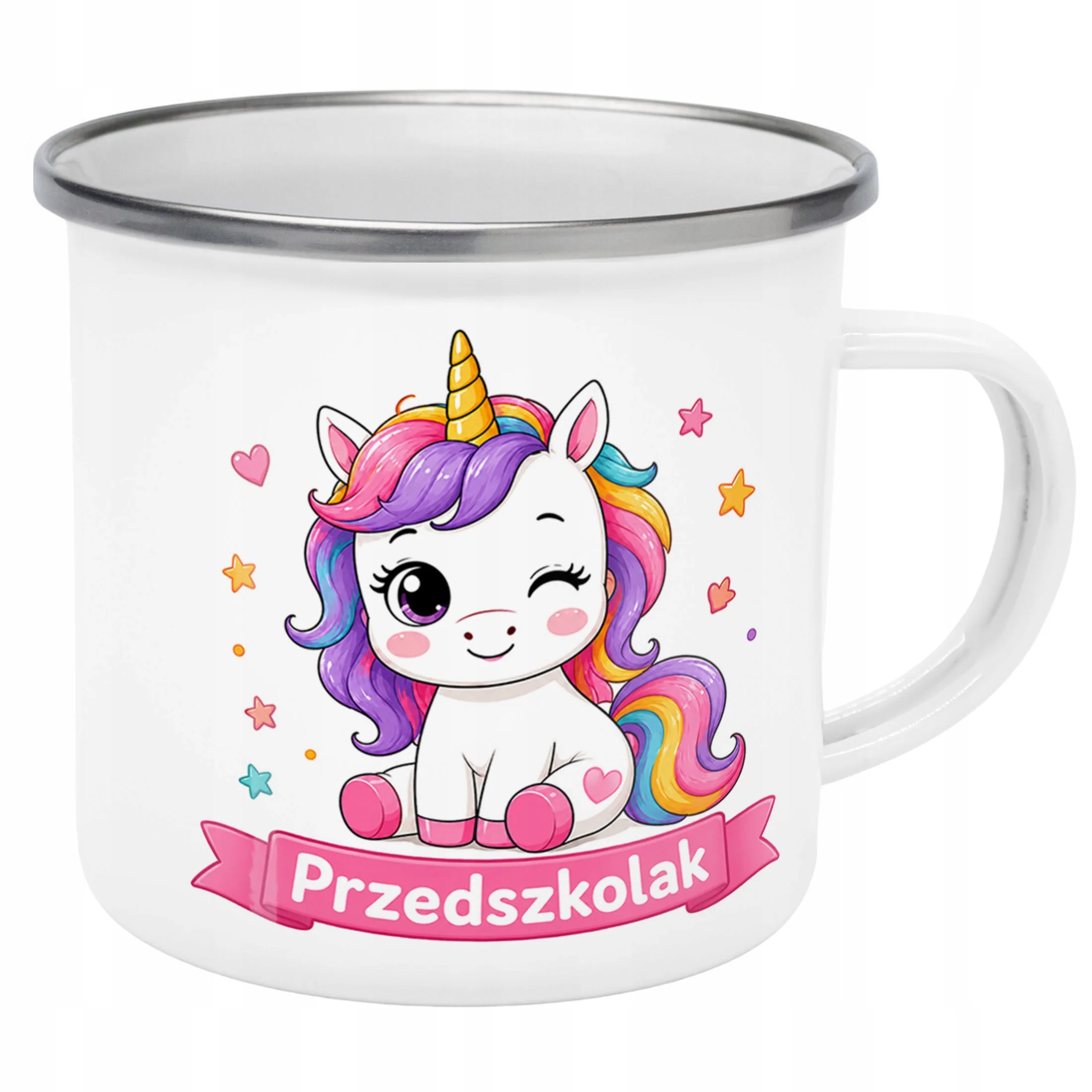 Kubek Emaliowany Przedszkolak Szkoła z Nadrukiem Biały Metalowy Prezent