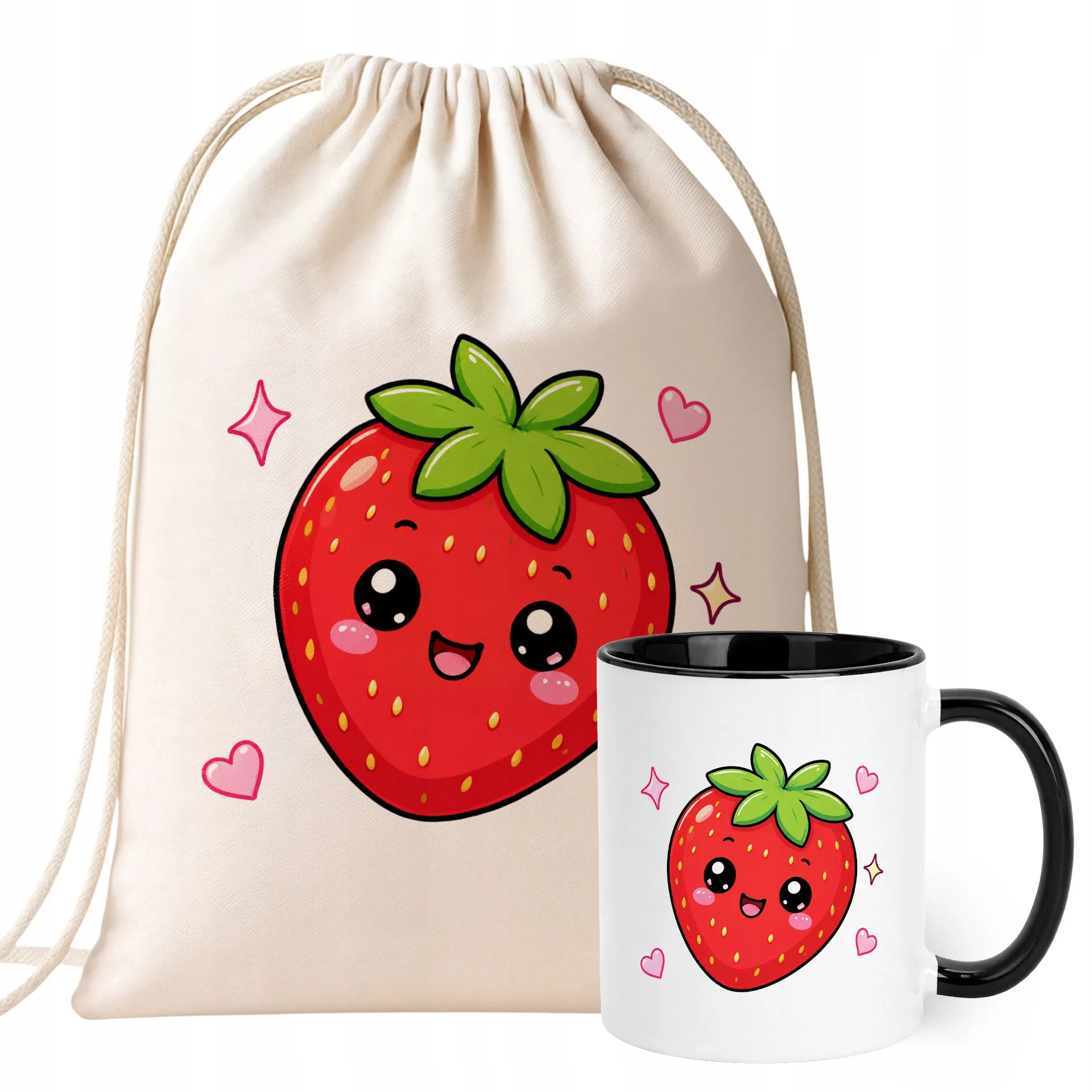 Zestaw Plecak Worek Kubek Czarny Z Nadrukiem Kawaii Truskawka Prezent