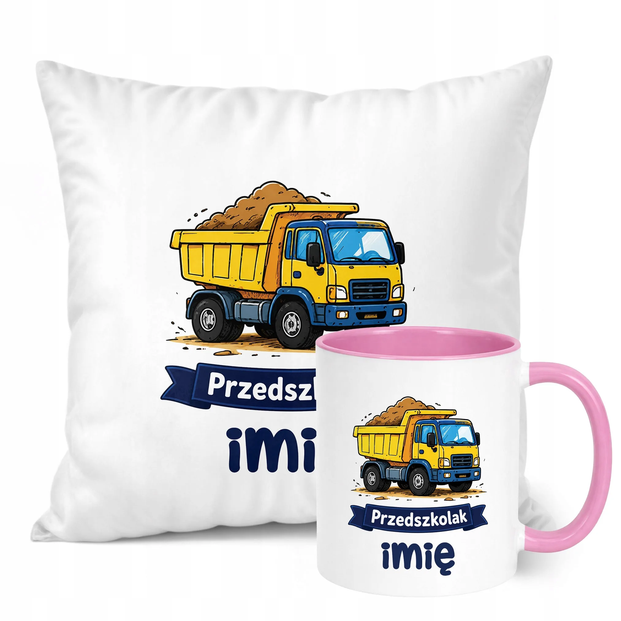Zestaw Personalizowany Kubek Różowy Poduszka Przedszkolak Ciężarówka