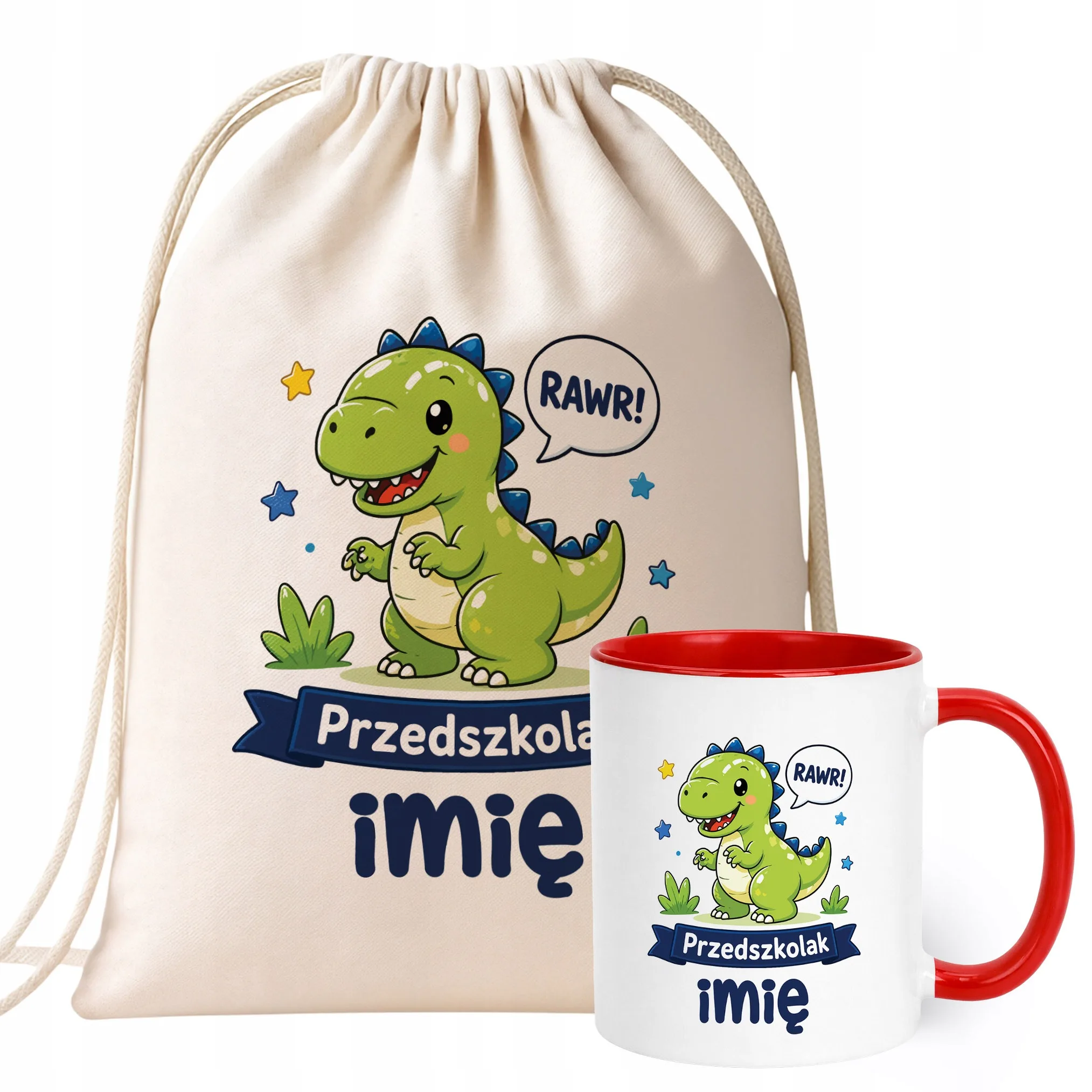 Zestaw Personalizowany Plecak Worek Kubek Czerwony Przedszkolak Dinozaur
