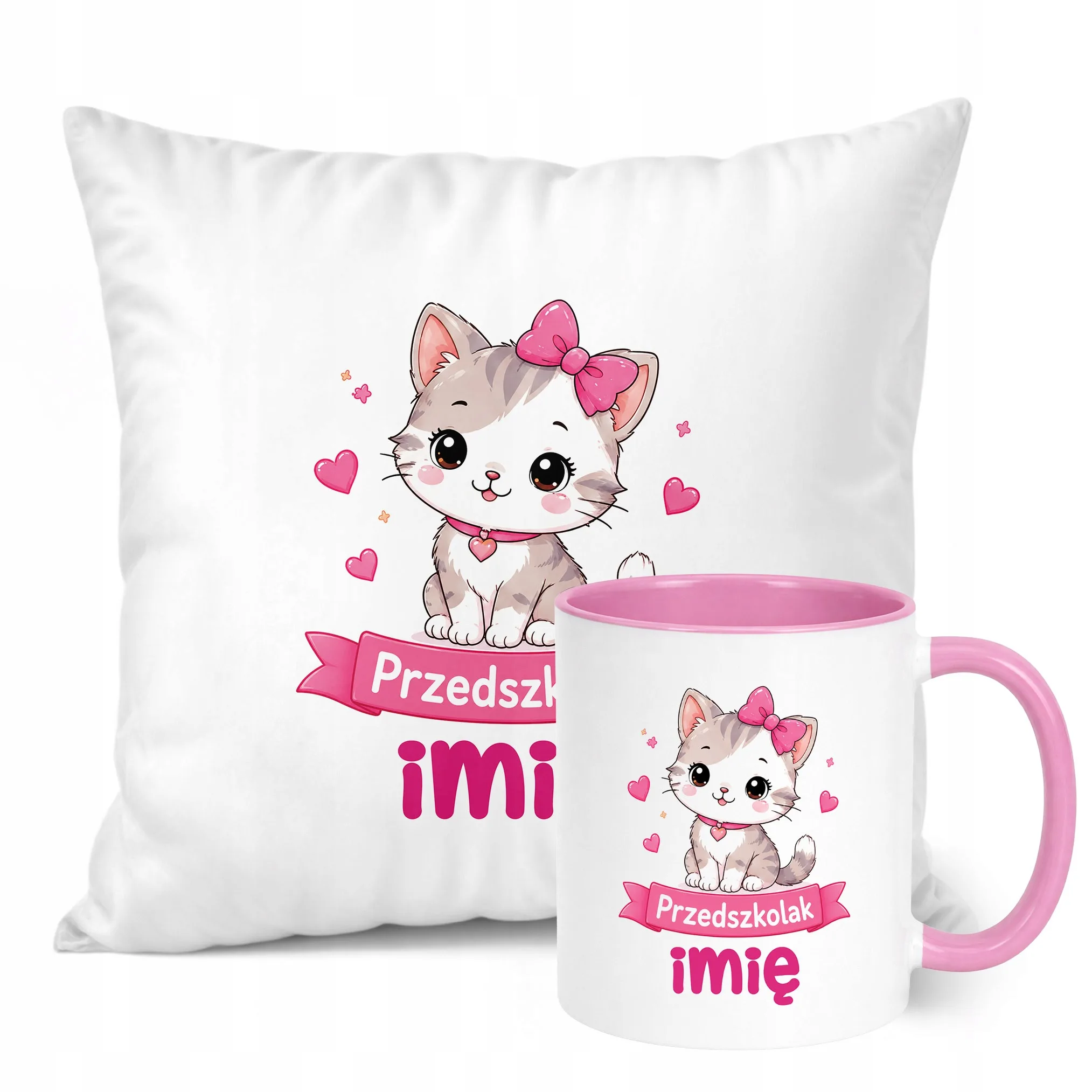 Zestaw Personalizowany Kubek Różowy Poduszka Przedszkolak Kotek