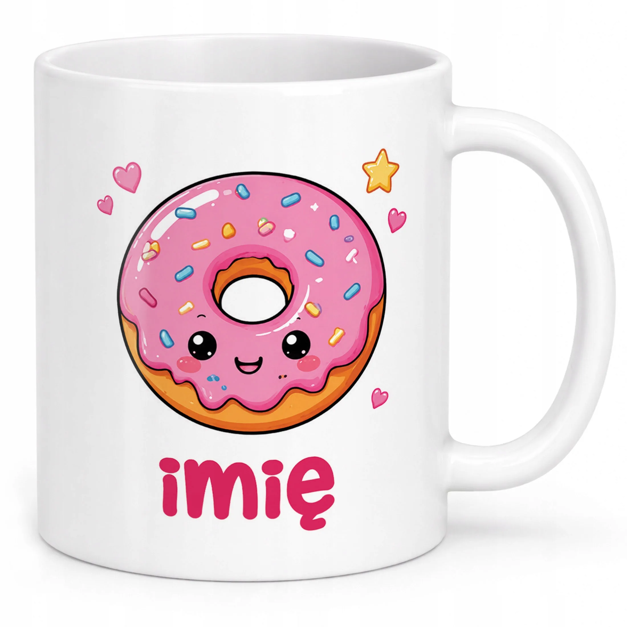 Biały Kubek z nadrukiem personalizowany Kawaii Pączek Dla Dzieci Prezent