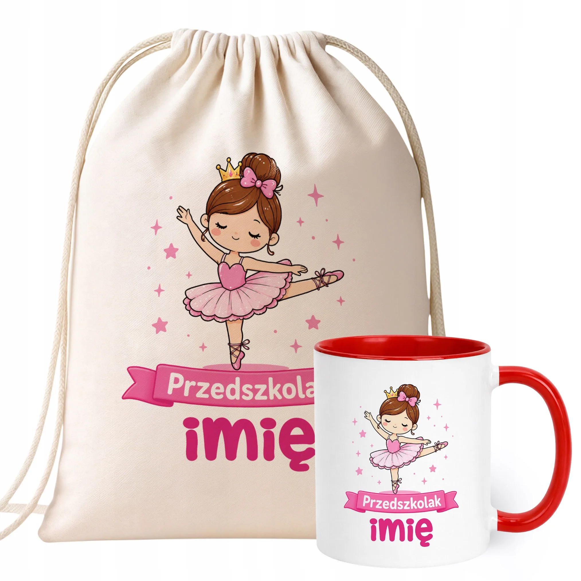 Zestaw Personalizowany Plecak Worek Kubek Czerwony Przedszkolak Baletnica
