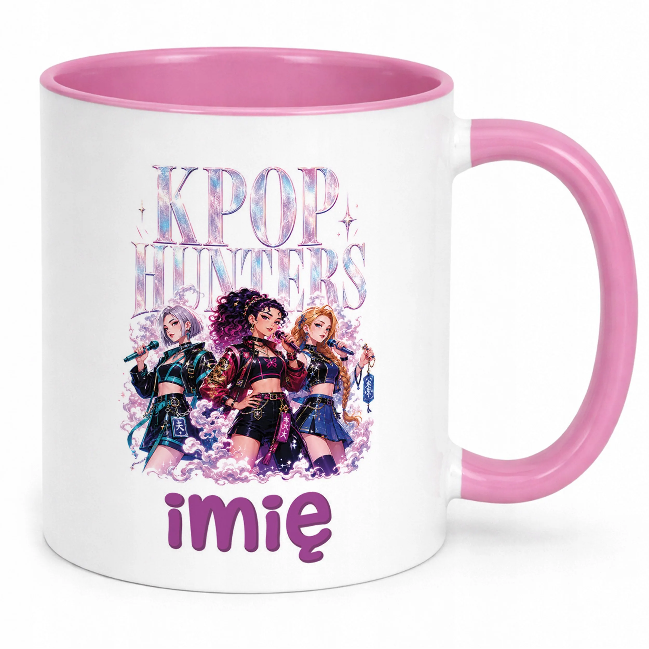 Kubek Różowy z nadrukiem personalizowany ŁOWCZYNIE KPOP Dla Dzieci Prezent