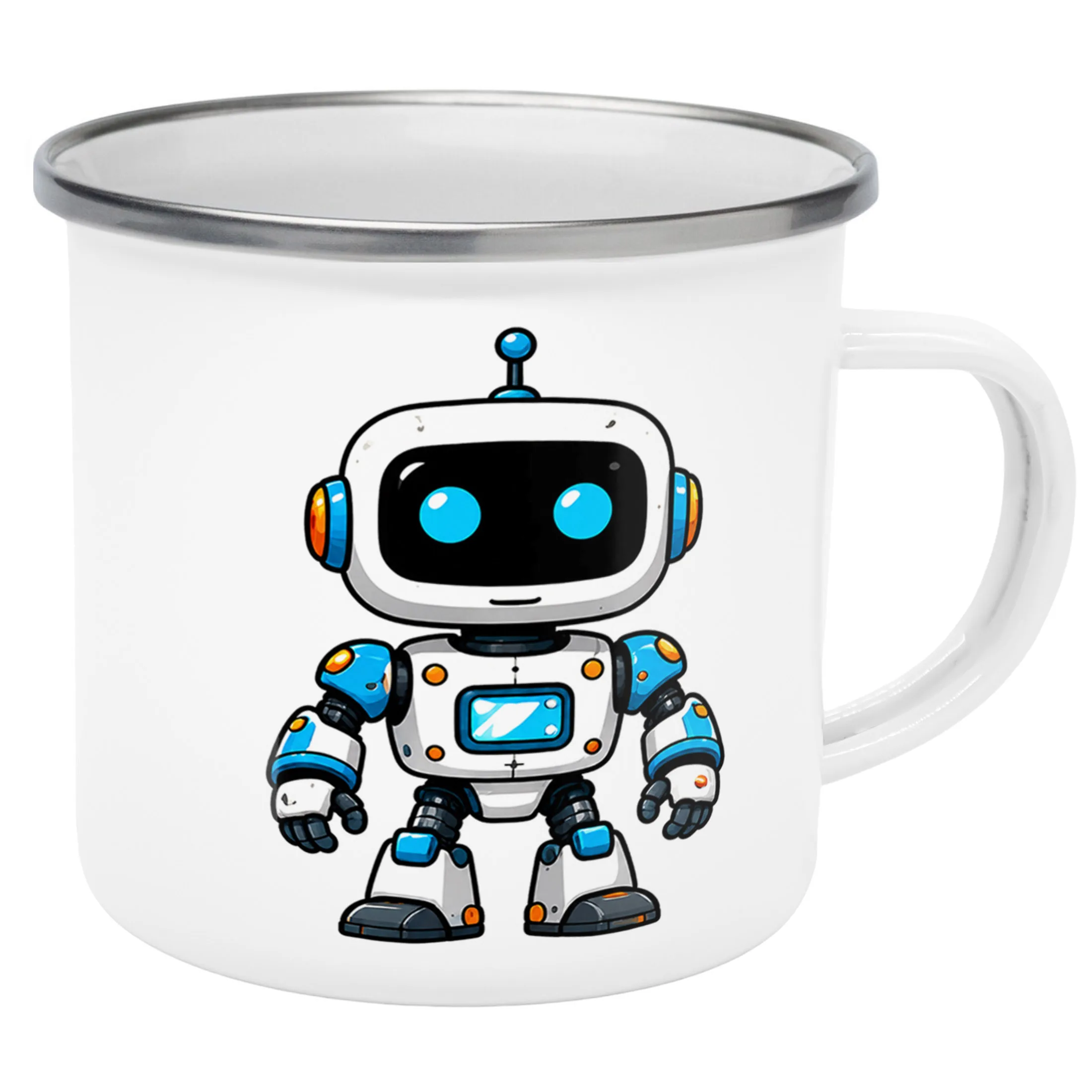 Kubek Emaliowany Robot z Nadrukiem Biały Metalowy Prezent