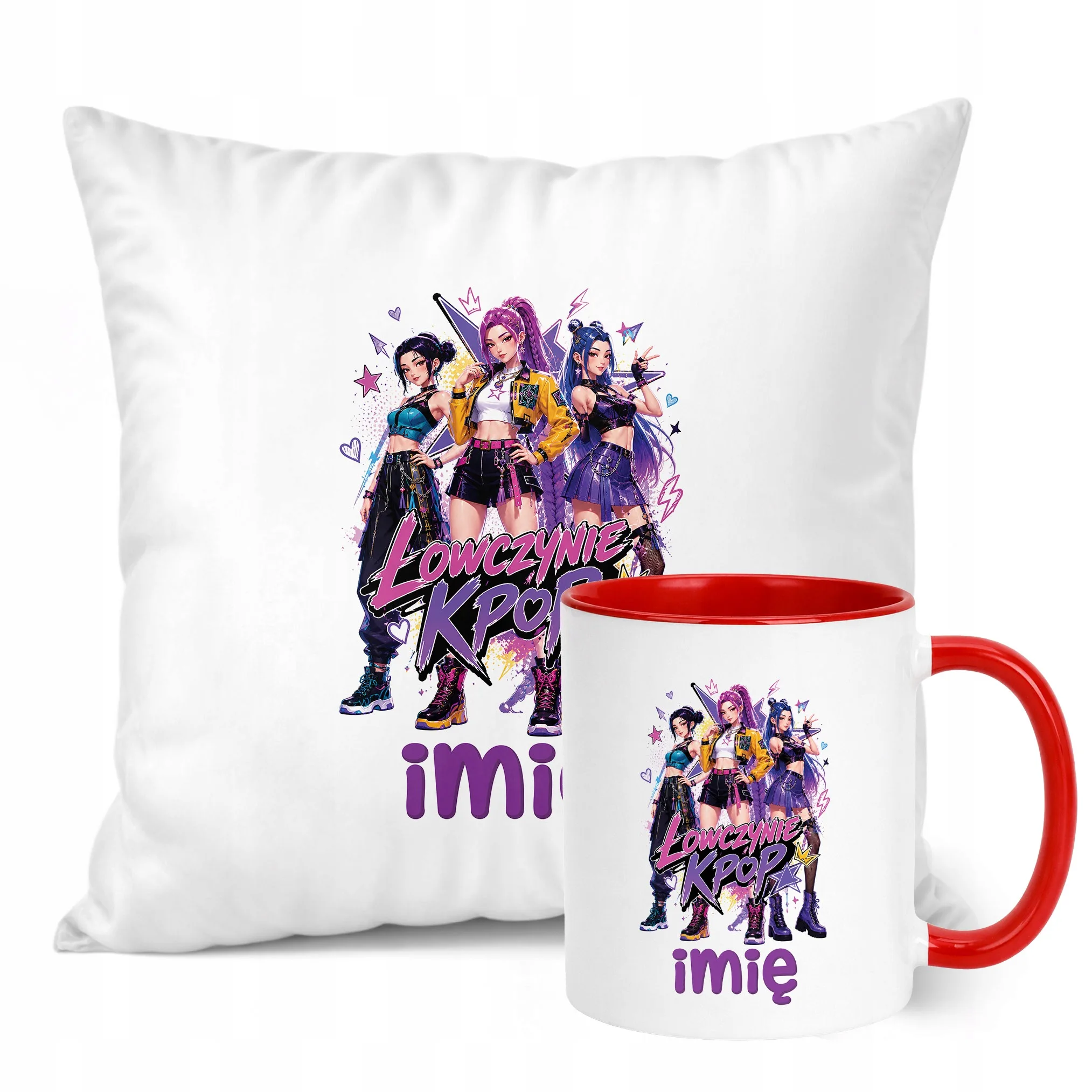 Zestaw Personalizowany Kubek Czerwony Poduszka Łowczynie Kpop Prezent