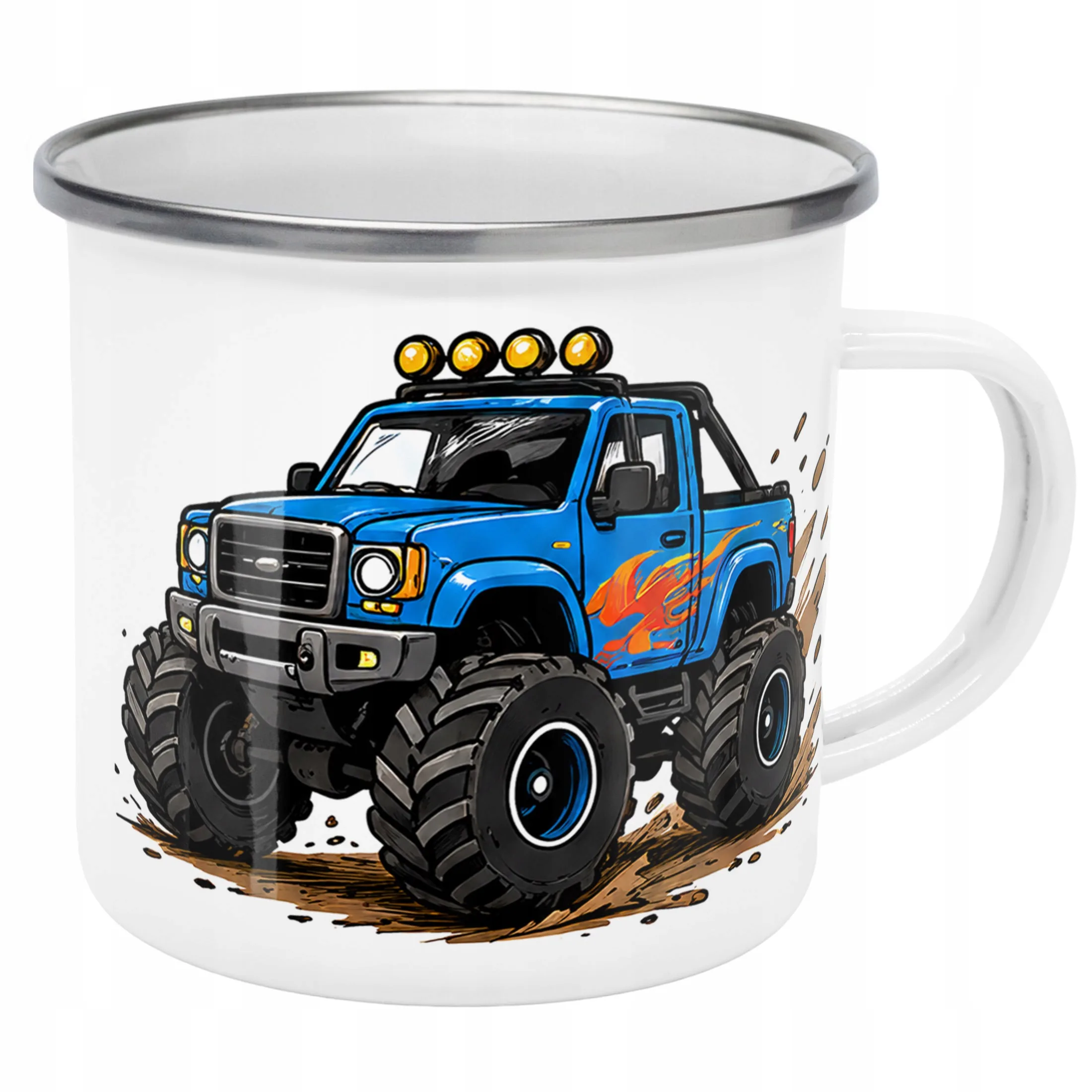 Kubek Emaliowany Monster Truck z Nadrukiem Biały Metalowy Prezent