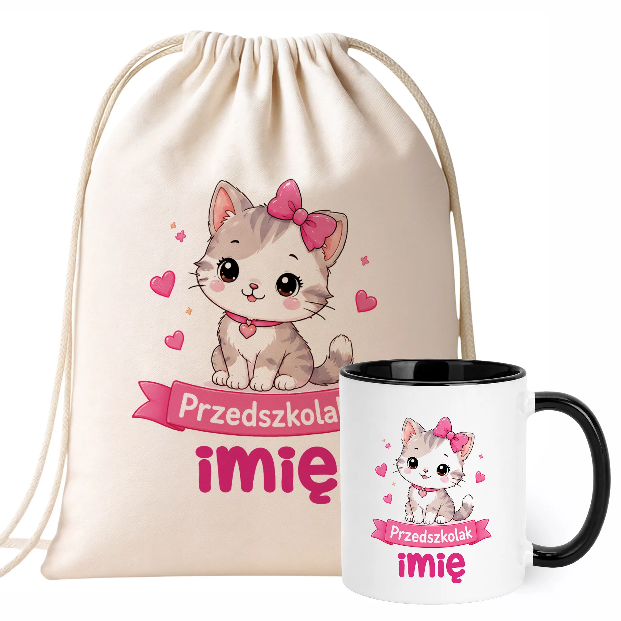 Zestaw Personalizowany Plecak Worek Kubek Czarny Przedszkolak Kotek