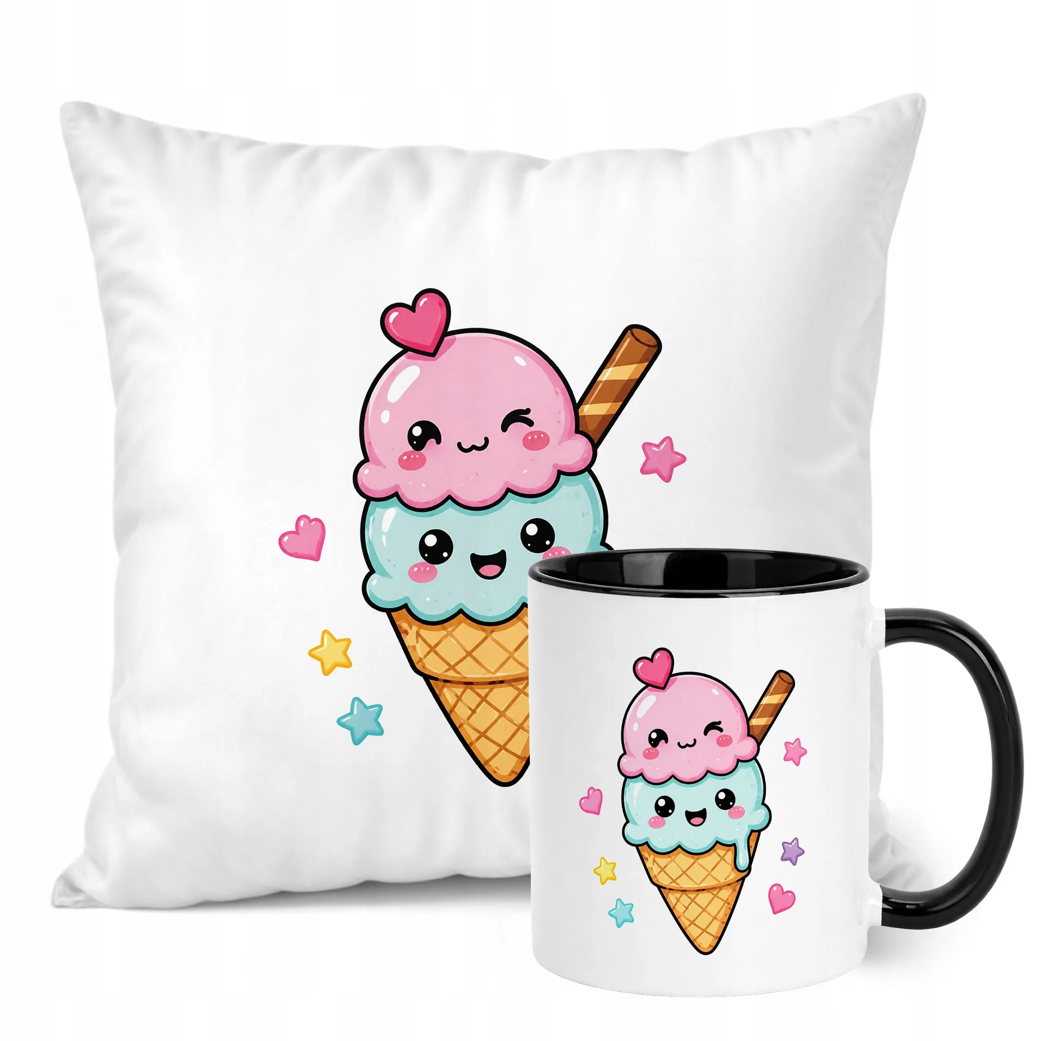 Zestaw Kubek Czarny Poduszka Z Nadrukiem Kawaii Lody Prezent