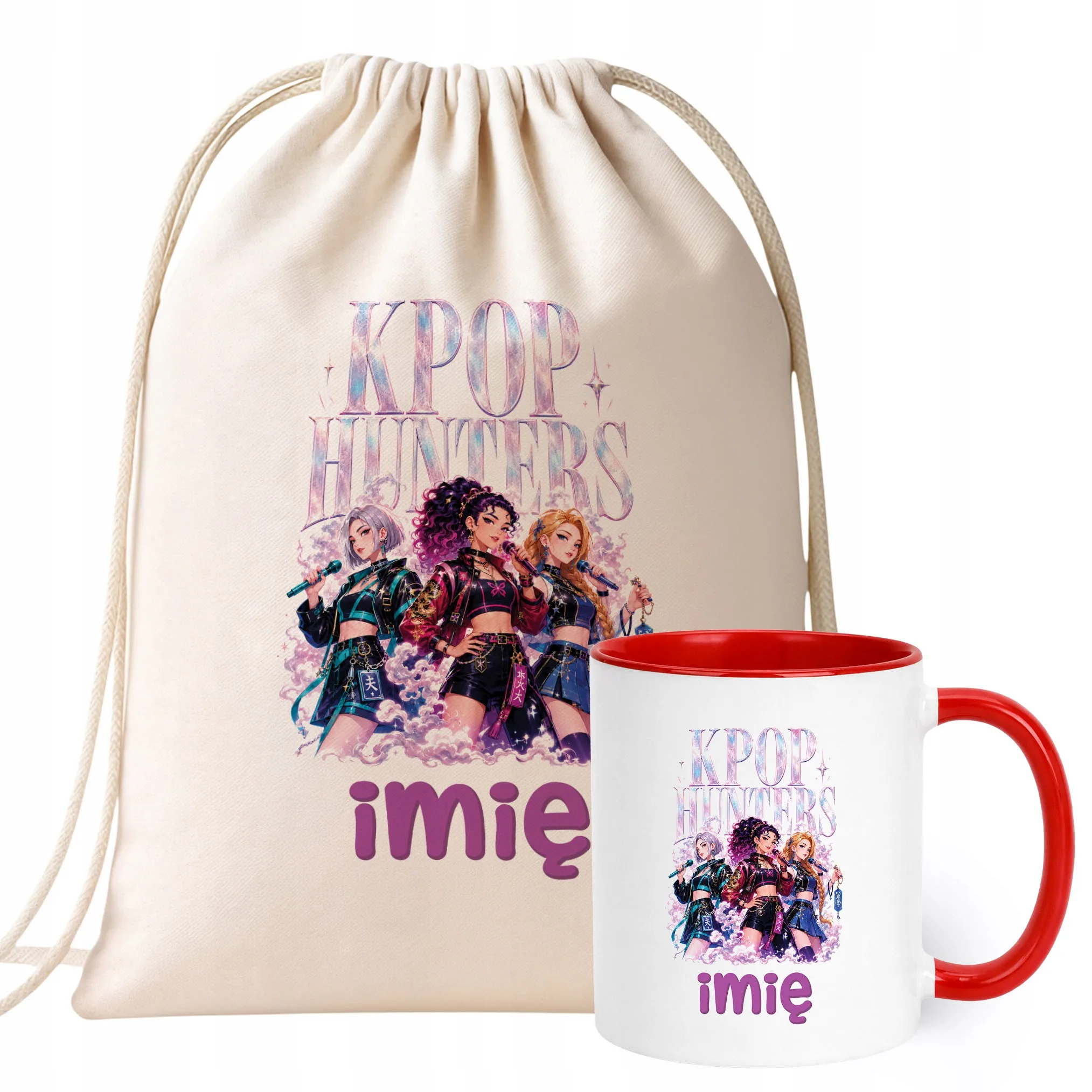 Zestaw Personalizowany Plecak Worek Kubek Czerwony Łowczynie Kpop Prezent