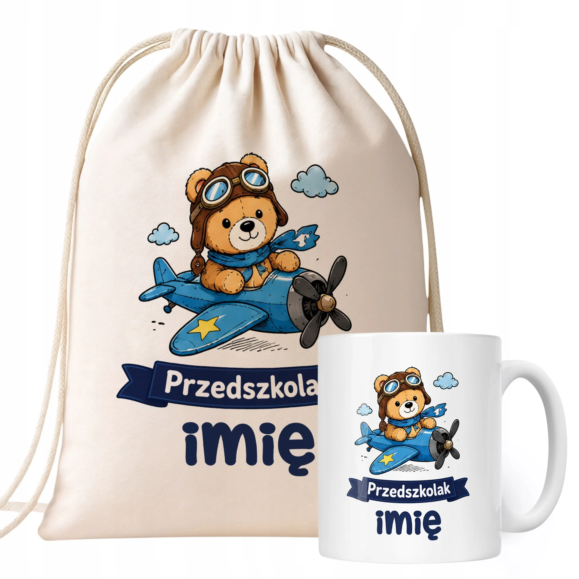 Zestaw Personalizowany Plecak Worek Kubek Przedszkolak Miś Prezent