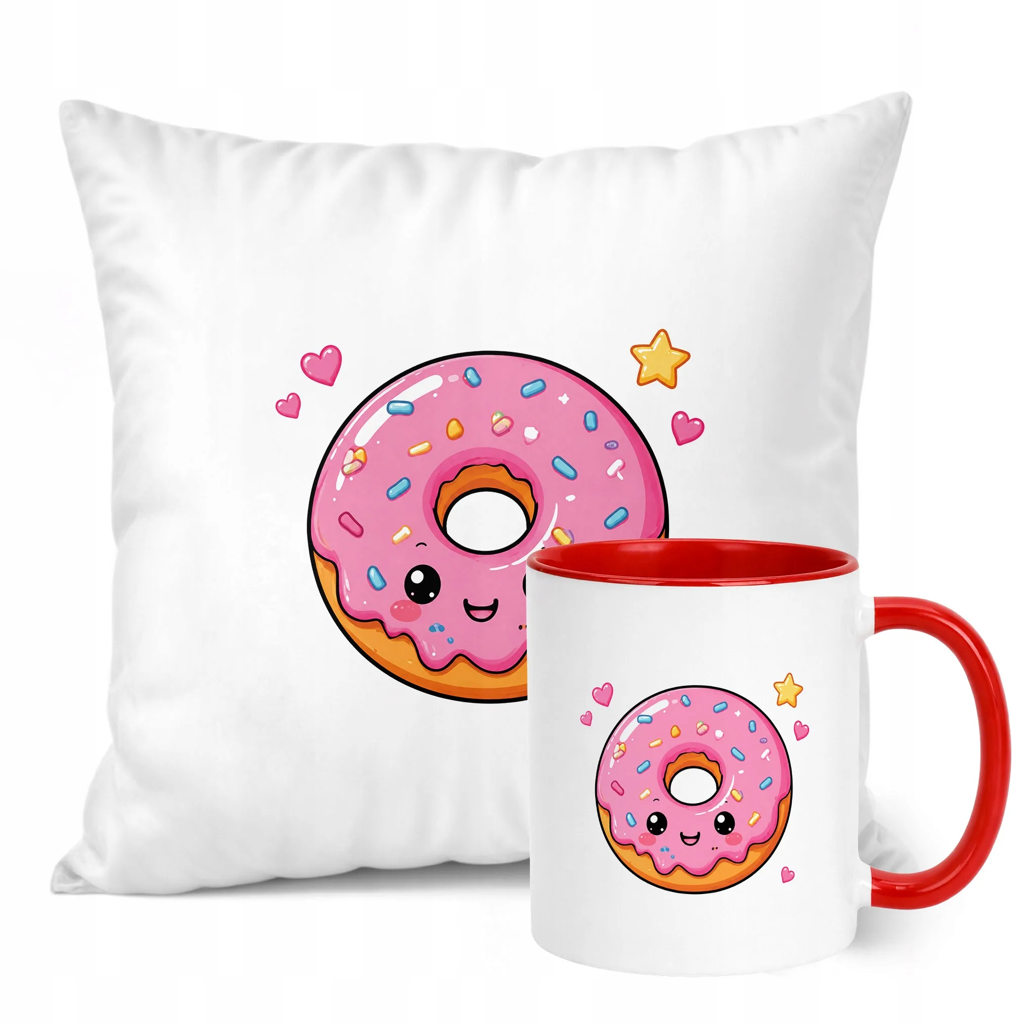 Zestaw Kubek Czerwony Poduszka Z Nadrukiem Kawaii Pączek Prezent