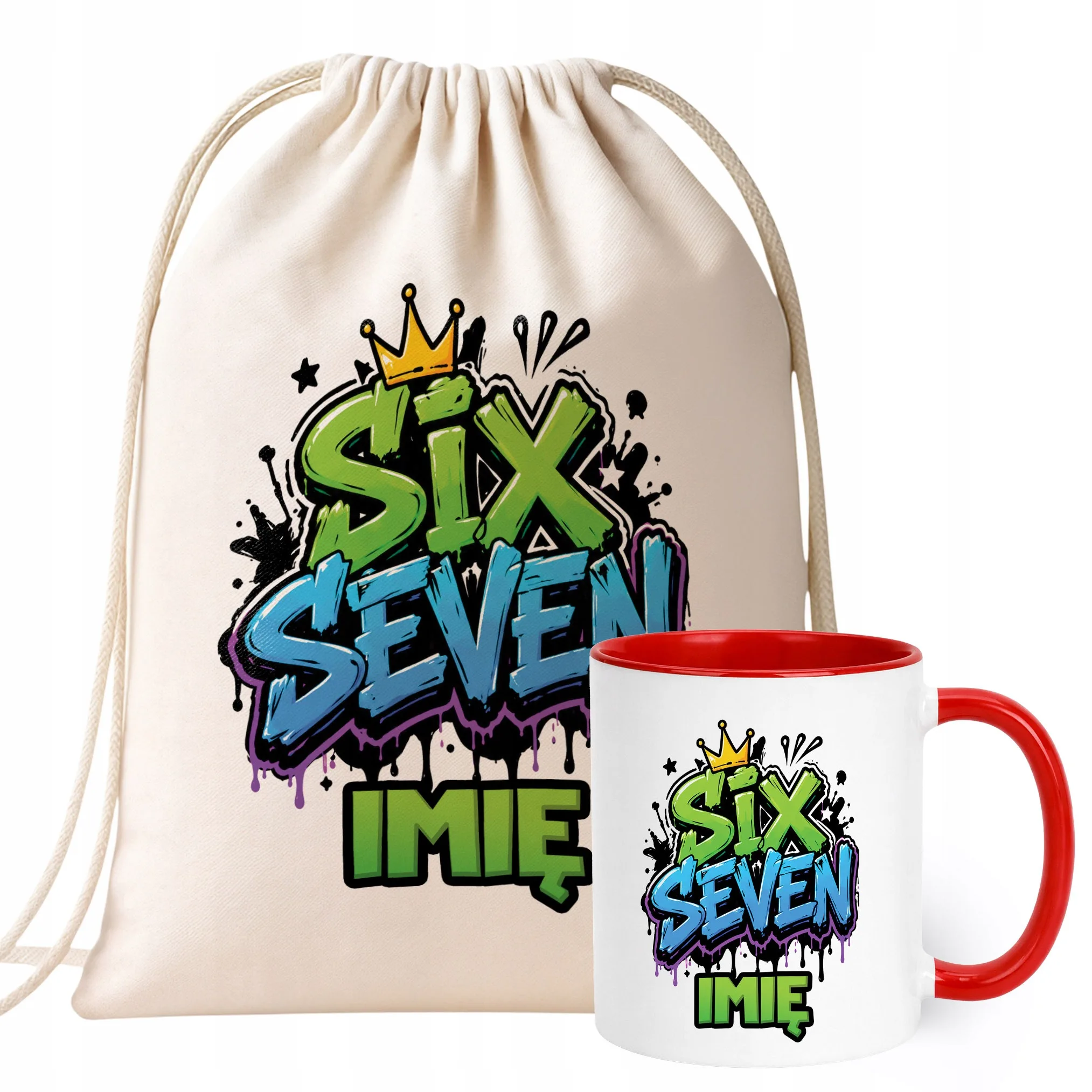Zestaw Personalizowany Plecak Worek Kubek Czerwony 67 Six Seven Prezent