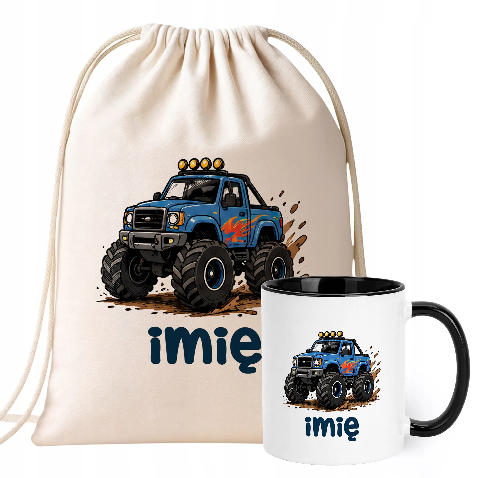 Zestaw Personalizowany Plecak Worek Kubek Czarny Monster Truck Prezent