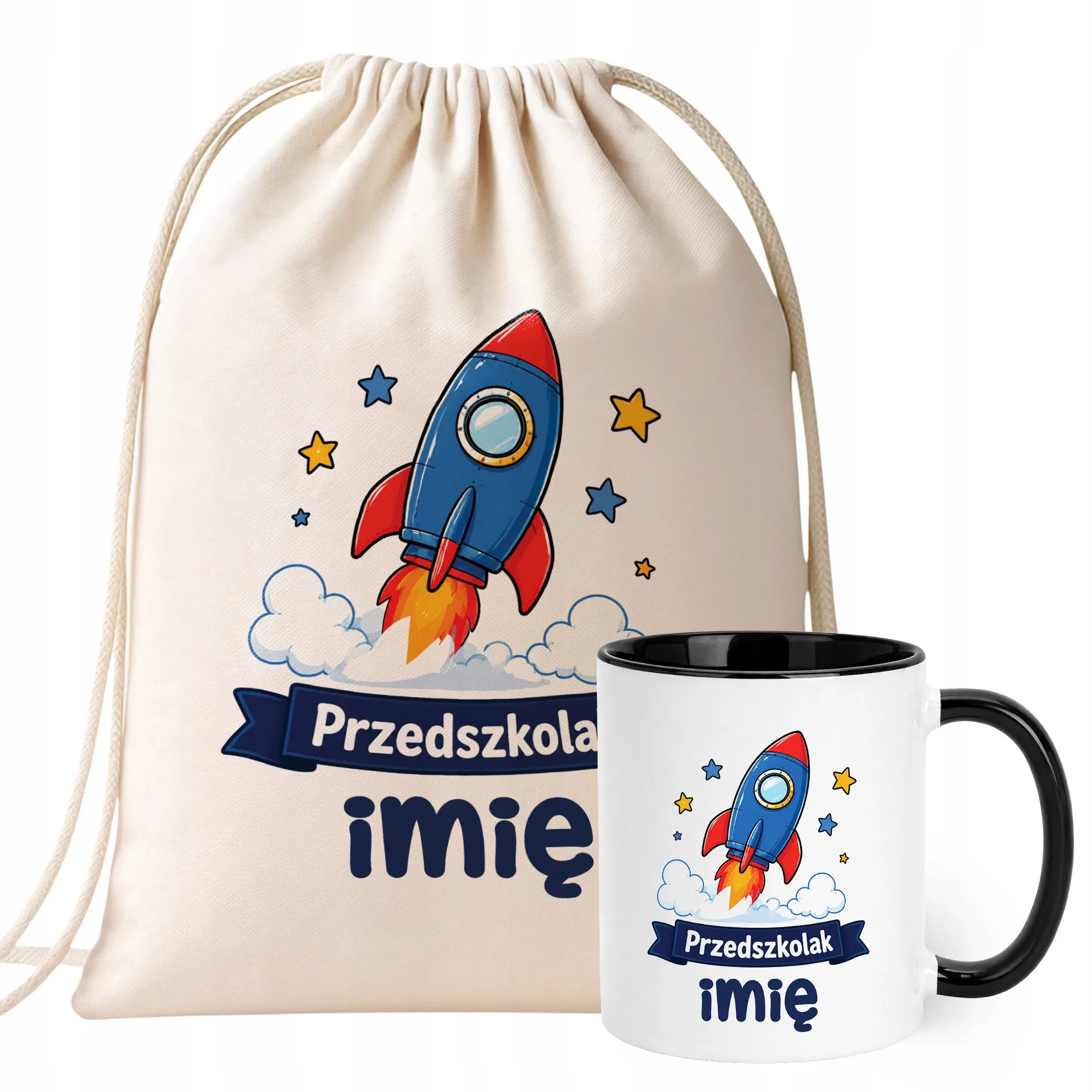 Zestaw Personalizowany Plecak Worek Kubek Czarny Przedszkolak Rakieta