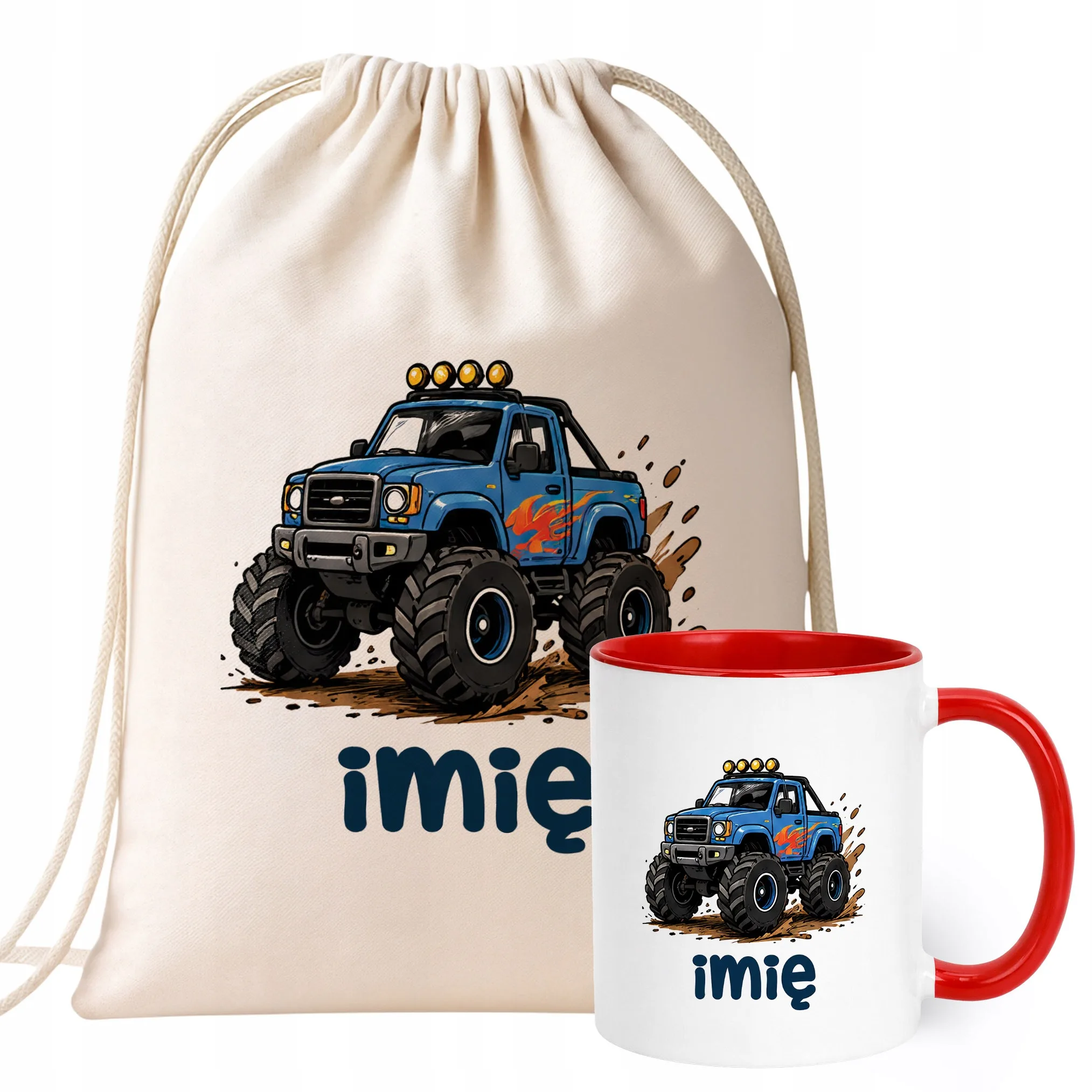 Zestaw Personalizowany Plecak Worek Kubek Czerwony Monster Truck Prezent