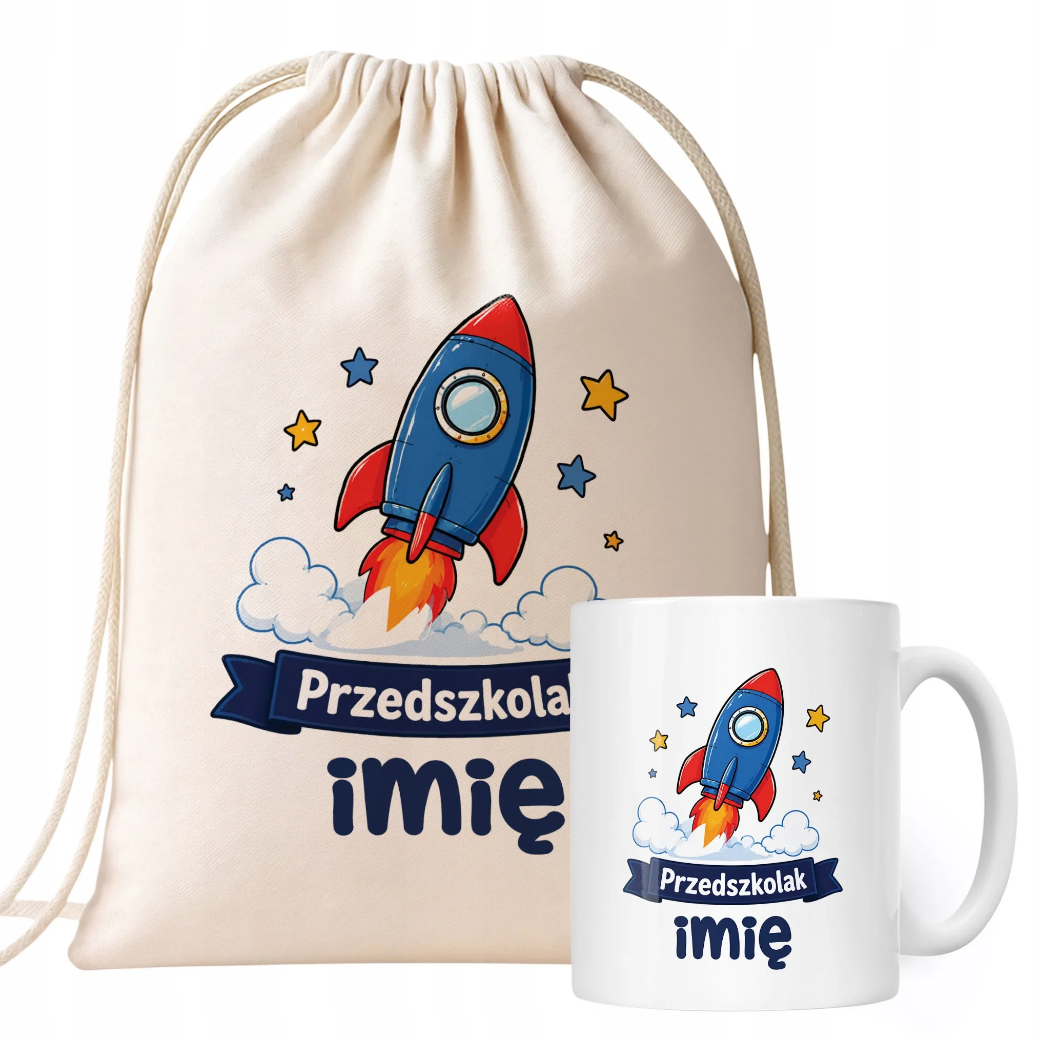Zestaw Personalizowany Plecak Worek Kubek Przedszkolak Rakieta Prezent