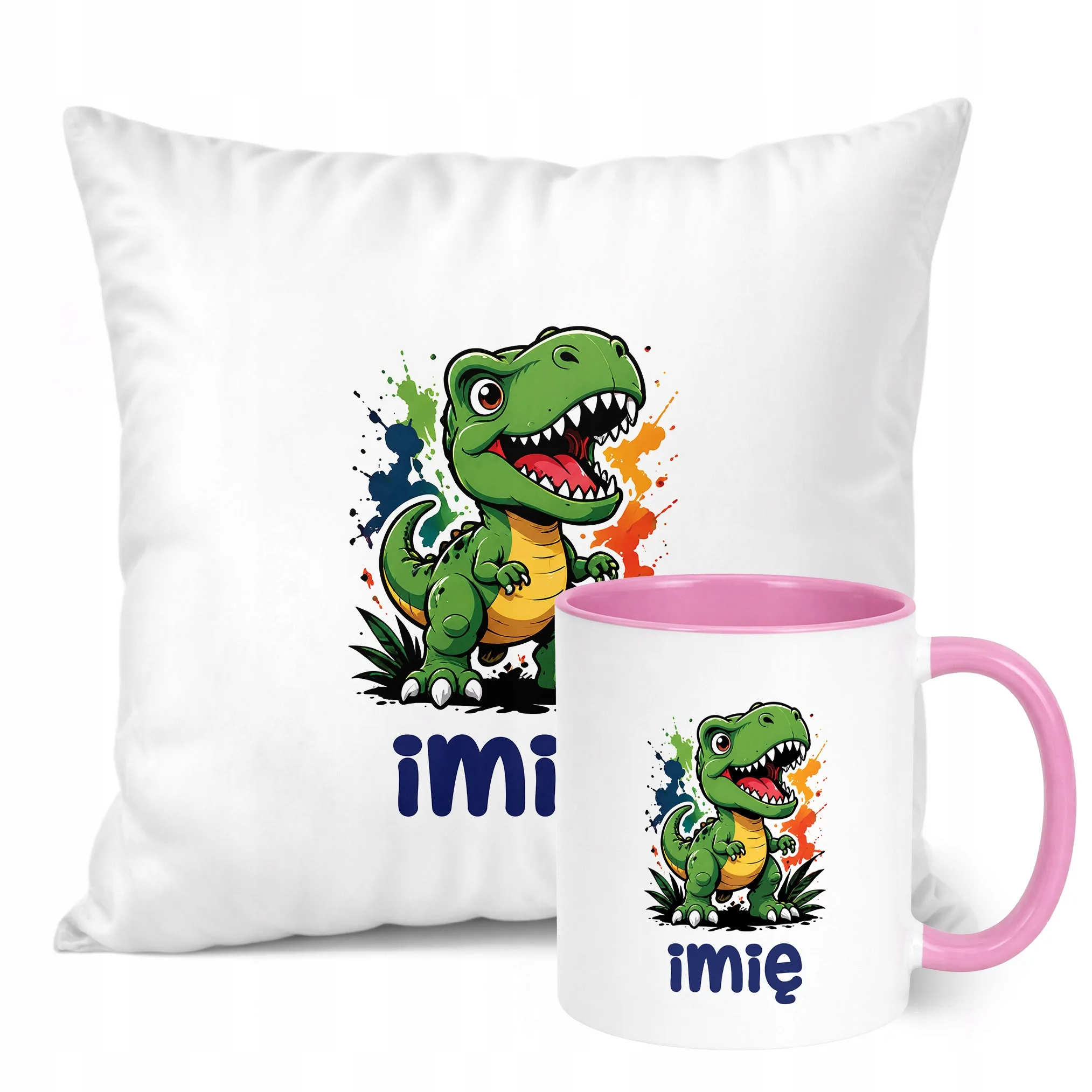Zestaw Personalizowany Kubek Różowy Poduszka T-rex Prezent