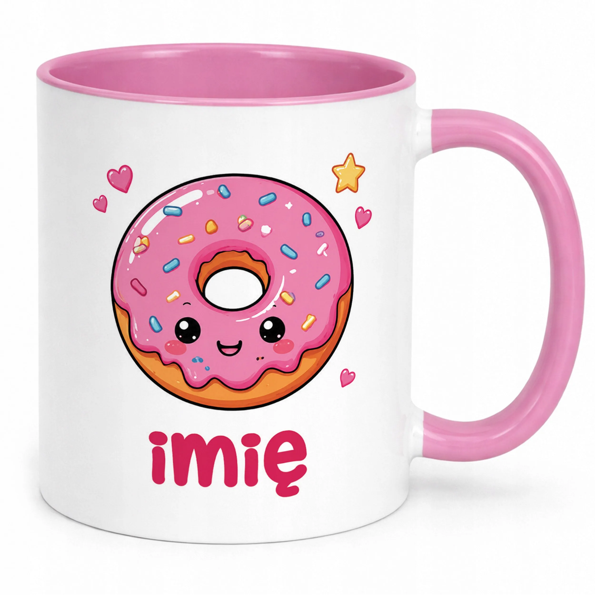 Kubek Różowy z nadrukiem personalizowany Kawaii Pączek Dla Dzieci Prezent