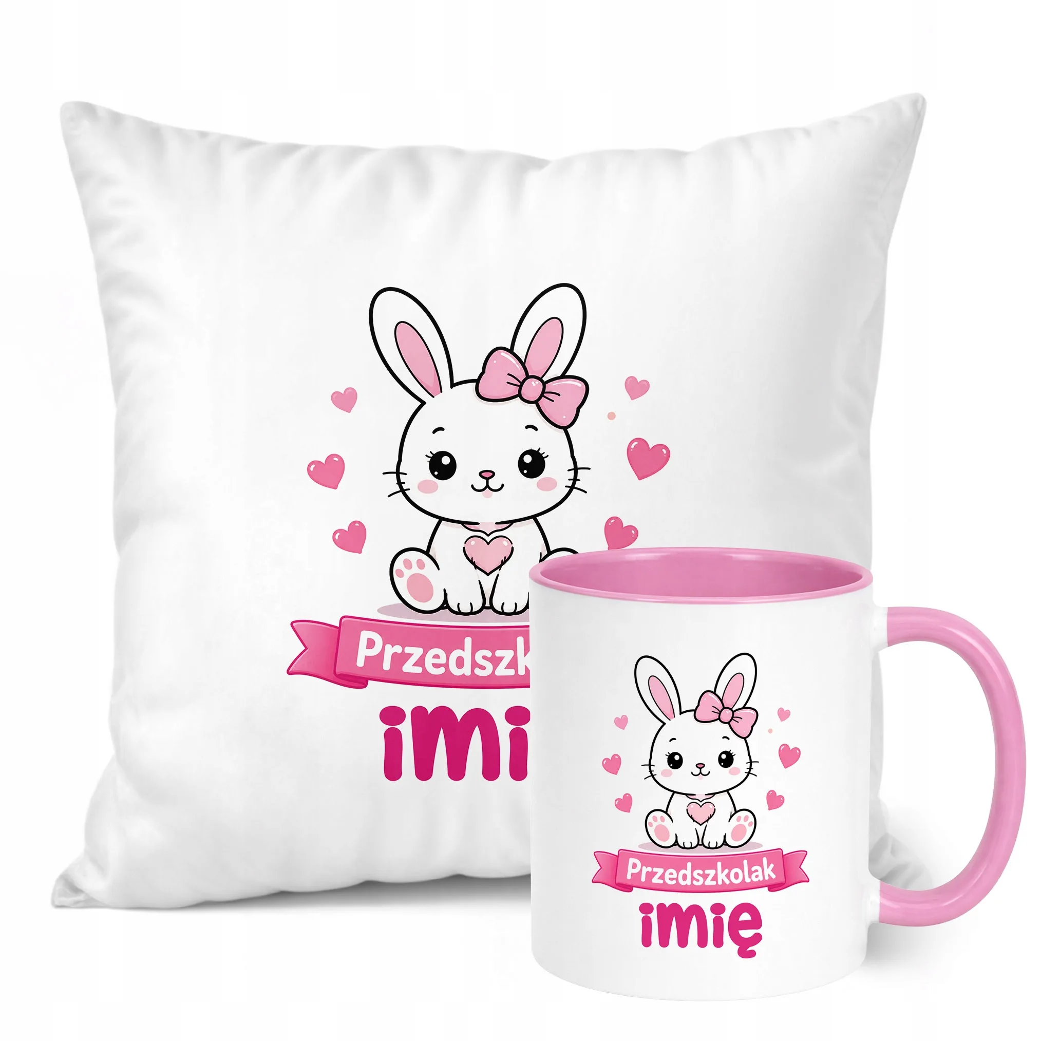 Zestaw Personalizowany Kubek Różowy Poduszka Przedszkolak Króliczek