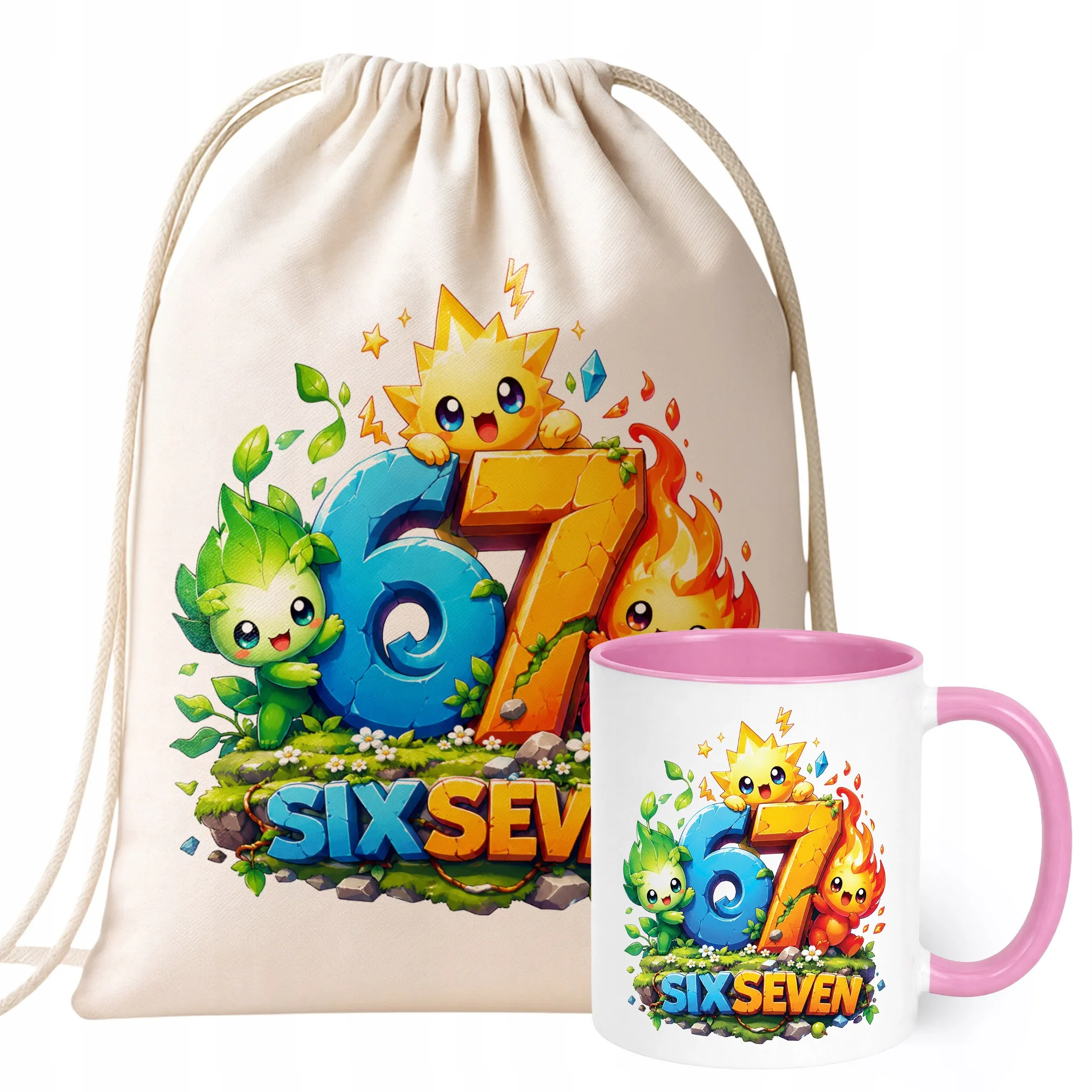 Zestaw Plecak Worek Kubek Różowy Z Nadrukiem SIX SEVEN 67 Dla Dzieci