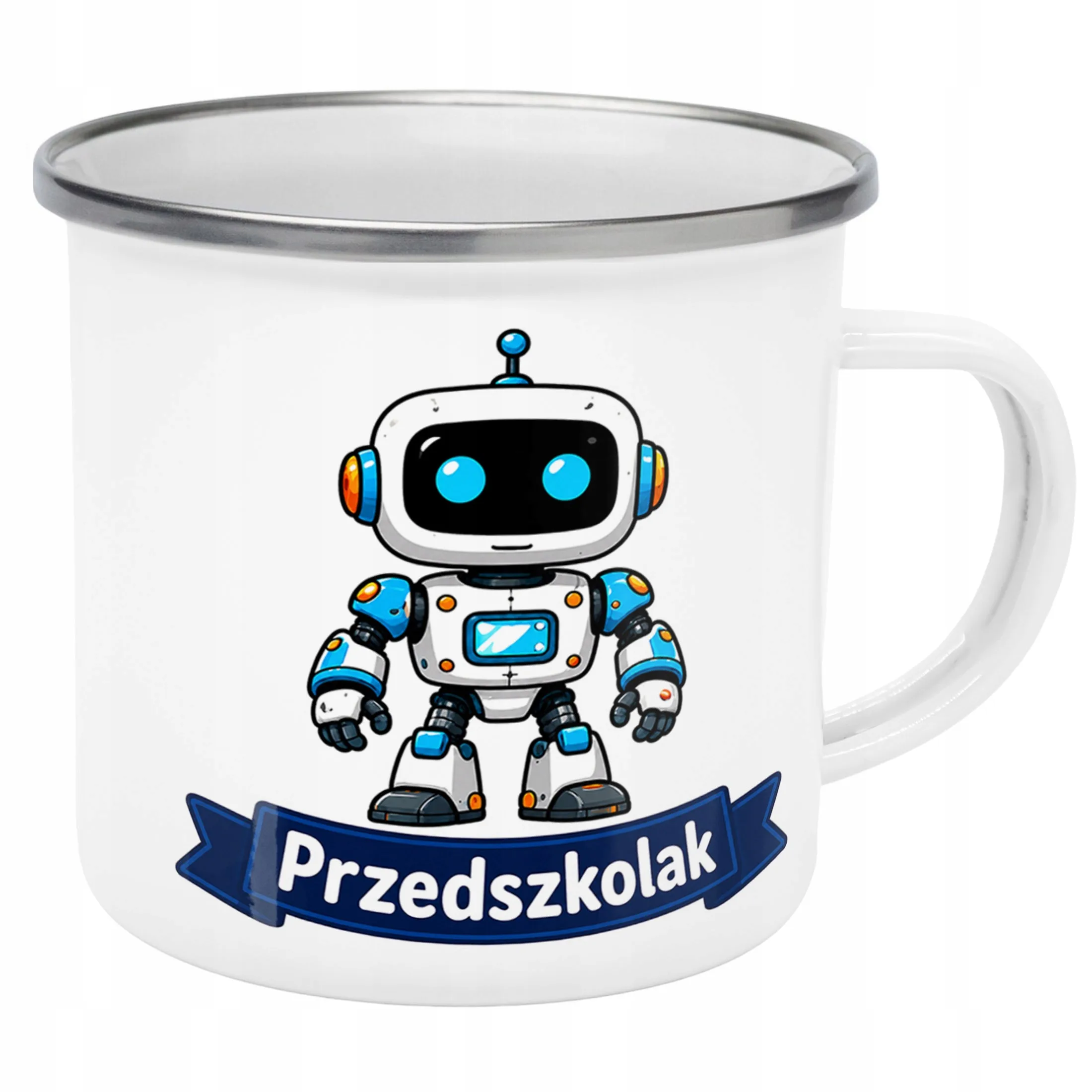 Kubek Emaliowany Przedszkolak Szkoła z Nadrukiem Biały Metalowy Prezent
