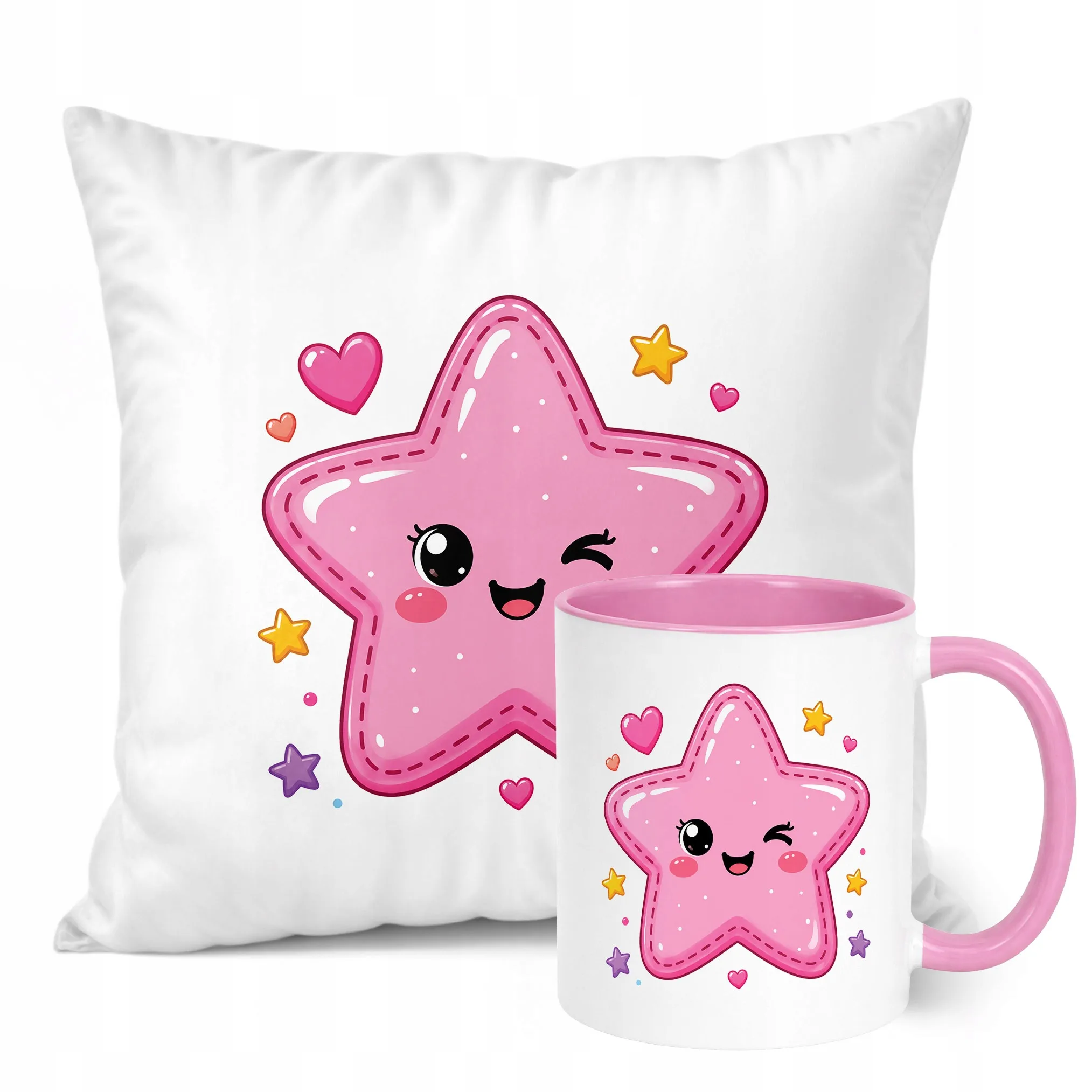 Zestaw Kubek Różowy Poduszka Z Nadrukiem Kawaii Gwiazdka Prezent