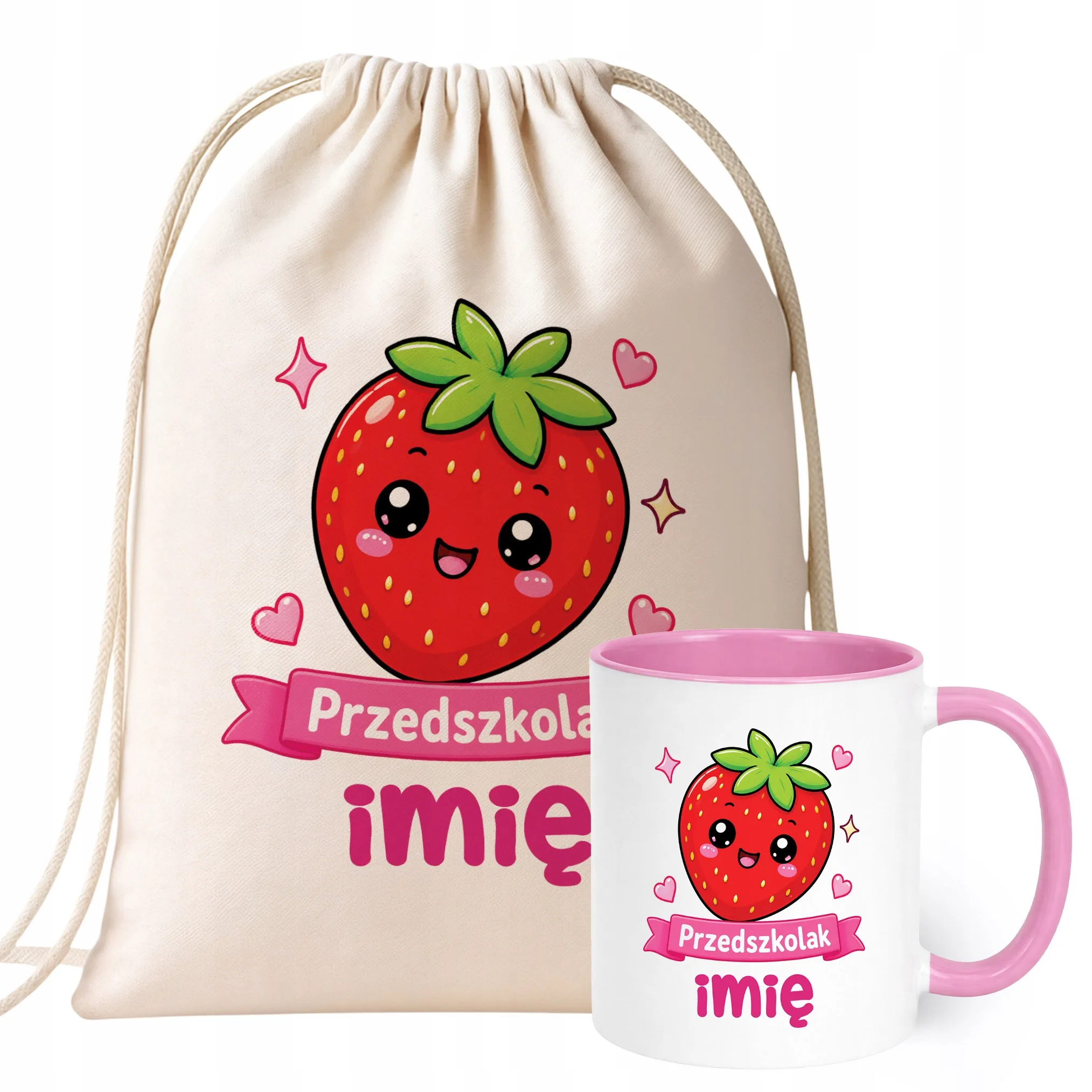 Zestaw Personalizowany Plecak Worek Kubek Różowy Przedszkolak Truskawka