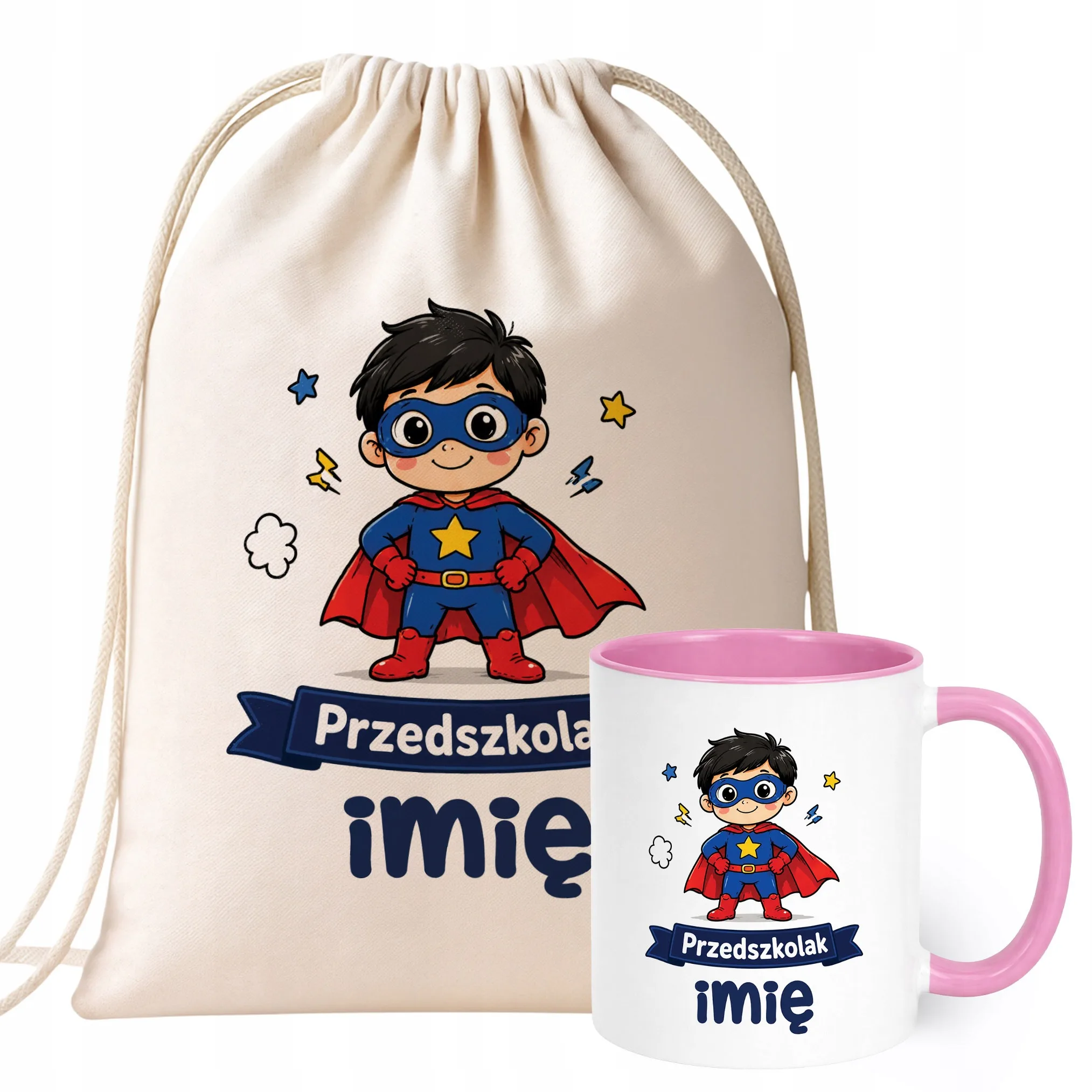 Zestaw Personalizowany Plecak Worek Kubek Różowy Przedszkolak Superbohater