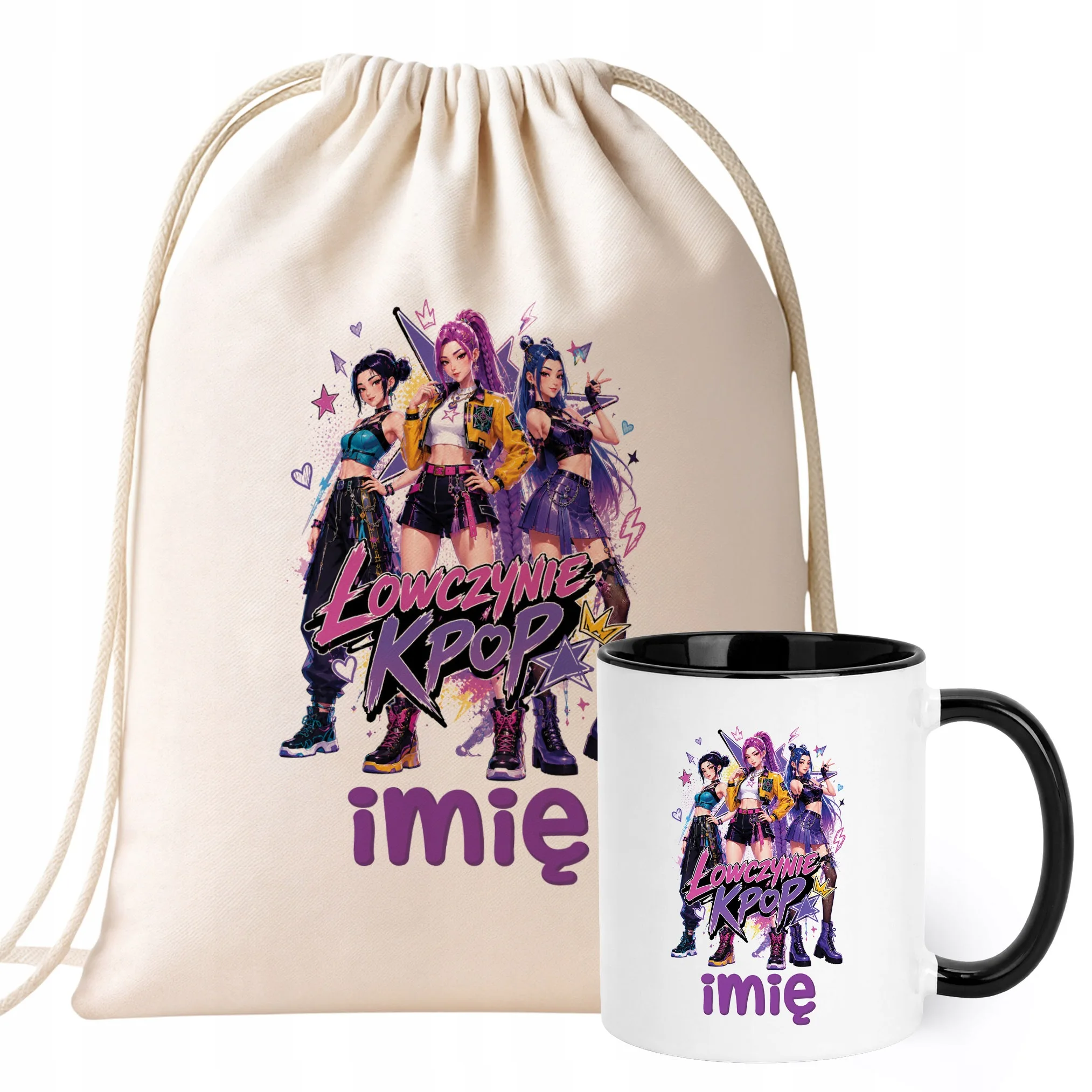 Zestaw Personalizowany Plecak Worek Kubek Czarny Łowczynie Kpop Prezent