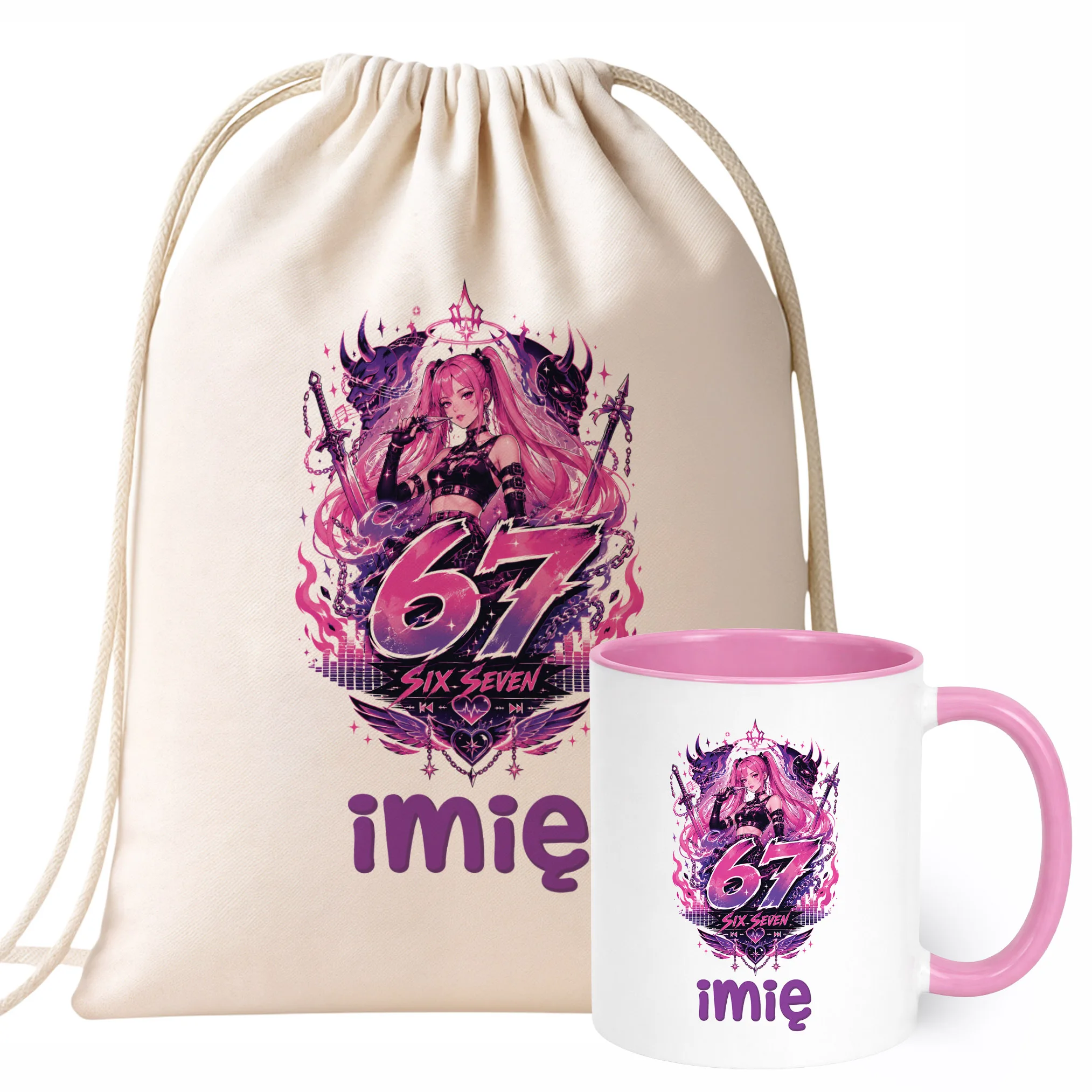 Zestaw Personalizowany Plecak Worek Kubek Różowy Łowczynie Kpop Six Seven