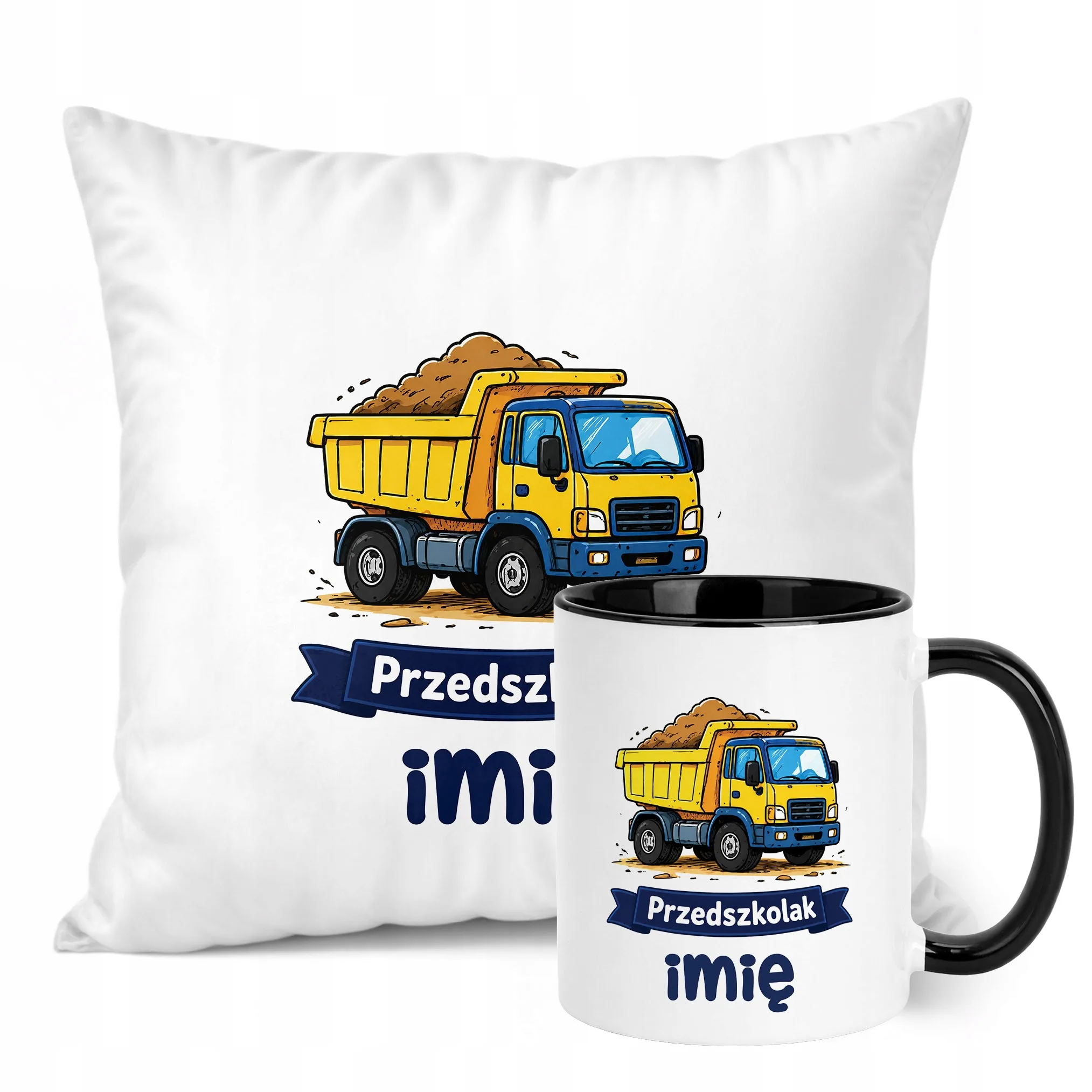 Zestaw Personalizowany Kubek Czarny Poduszka Przedszkolak Ciężarówka