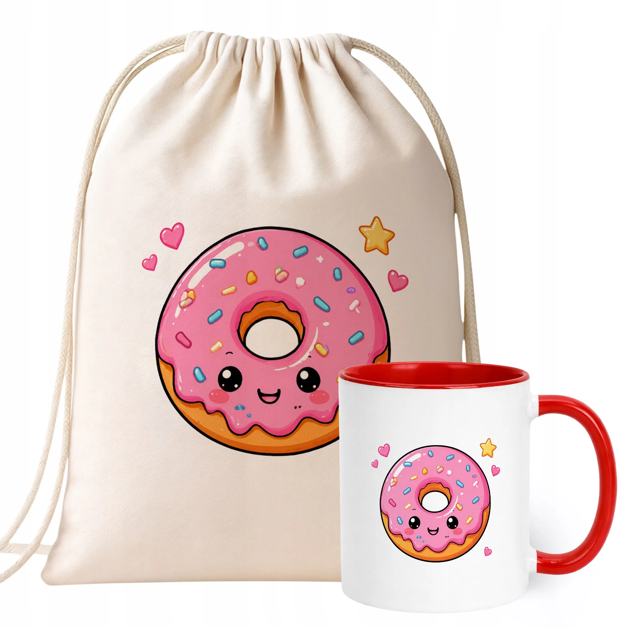 Zestaw Plecak Worek Kubek Czerwony Z Nadrukiem Kawaii Pączek Prezent