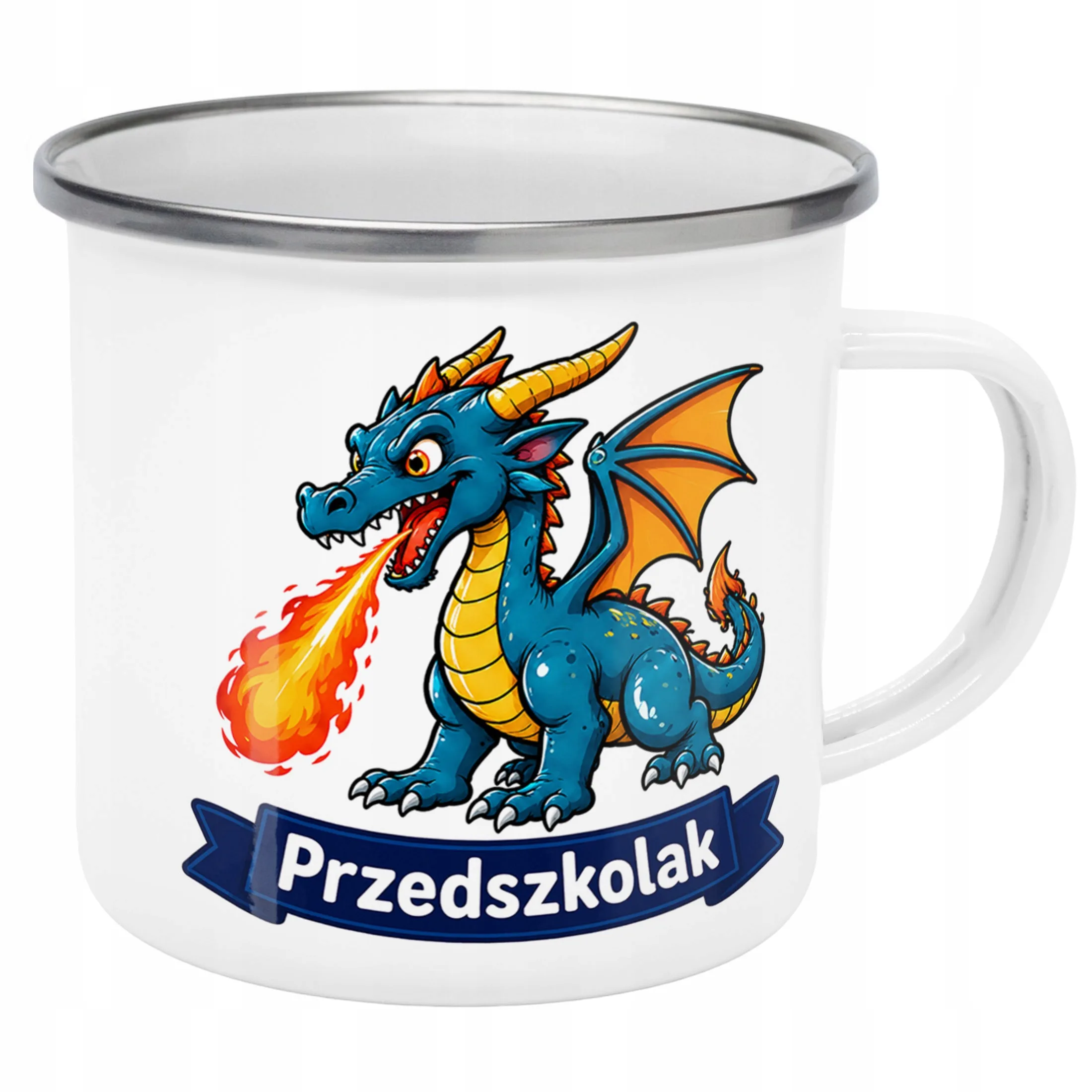 Kubek Emaliowany Przedszkolak Szkoła z Nadrukiem Biały Metalowy Prezent