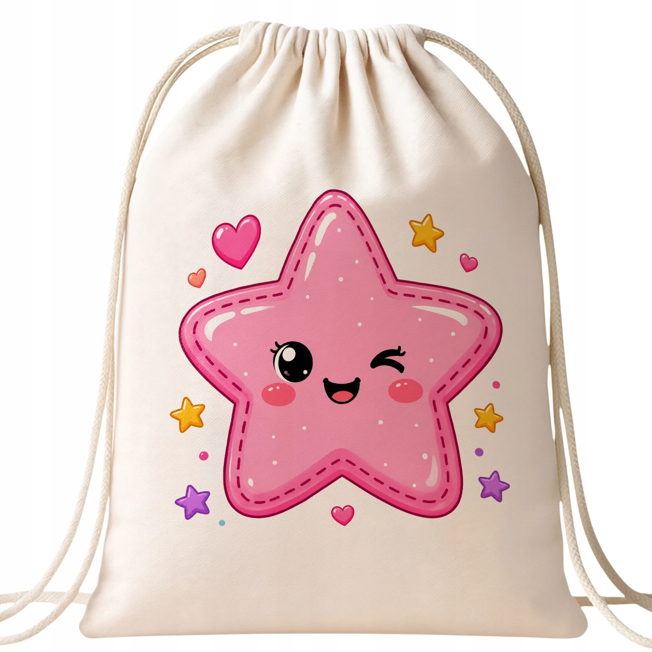 Plecak Worek Kawaii Gwiazdka z Nadrukiem Bawełniany Szkolny na Buty Ecru