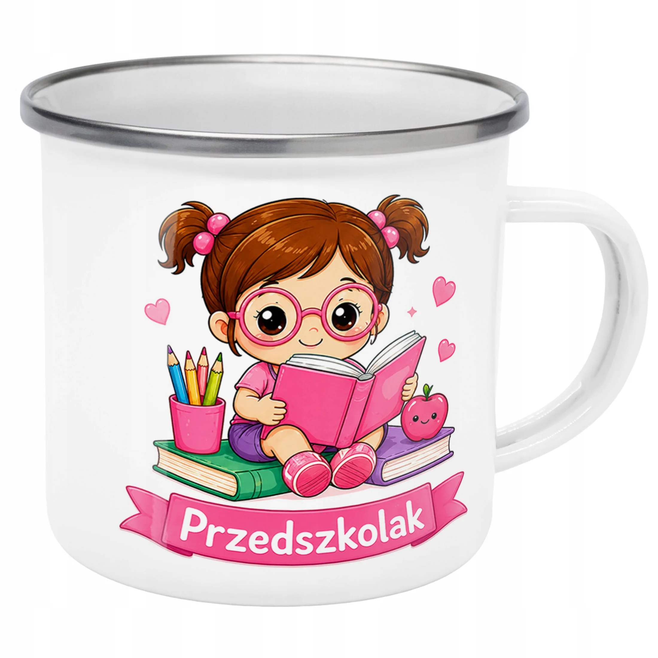 Kubek Emaliowany Przedszkolak Szkoła z Nadrukiem Biały Metalowy Prezent