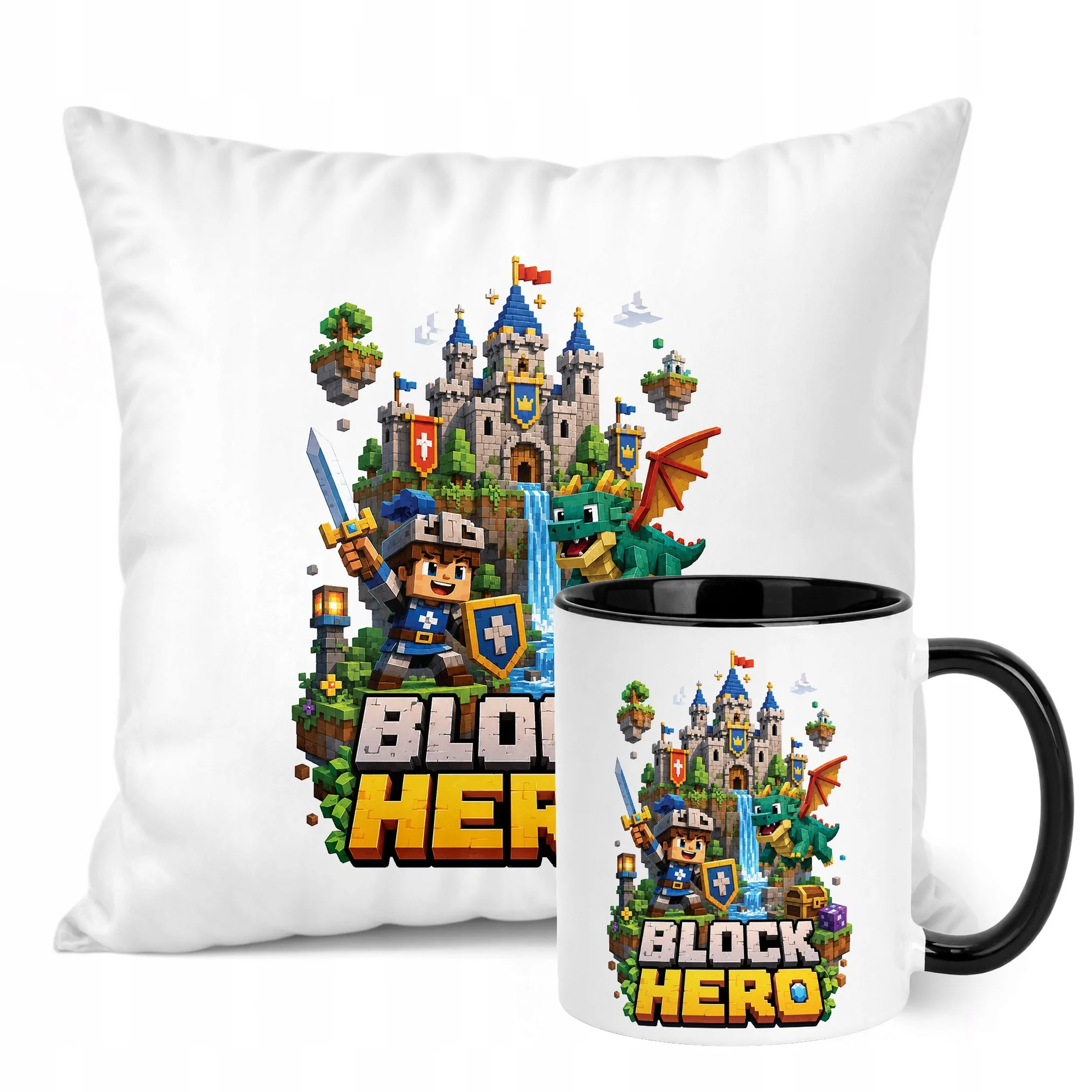 Zestaw Kubek Czarny Poduszka Z Nadrukiem BLOCK HERO Gra Prezent