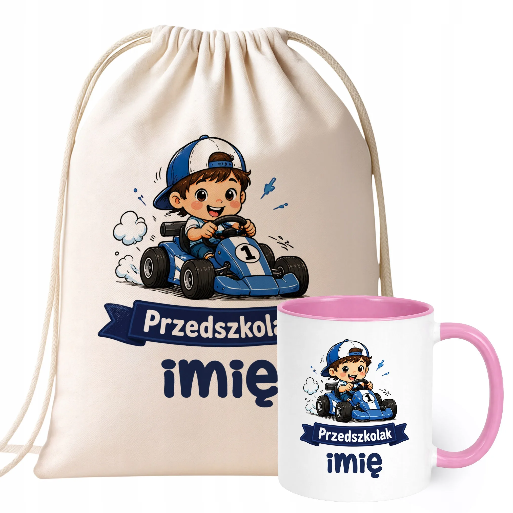 Zestaw Personalizowany Plecak Worek Kubek Różowy Przedszkolak Prezent