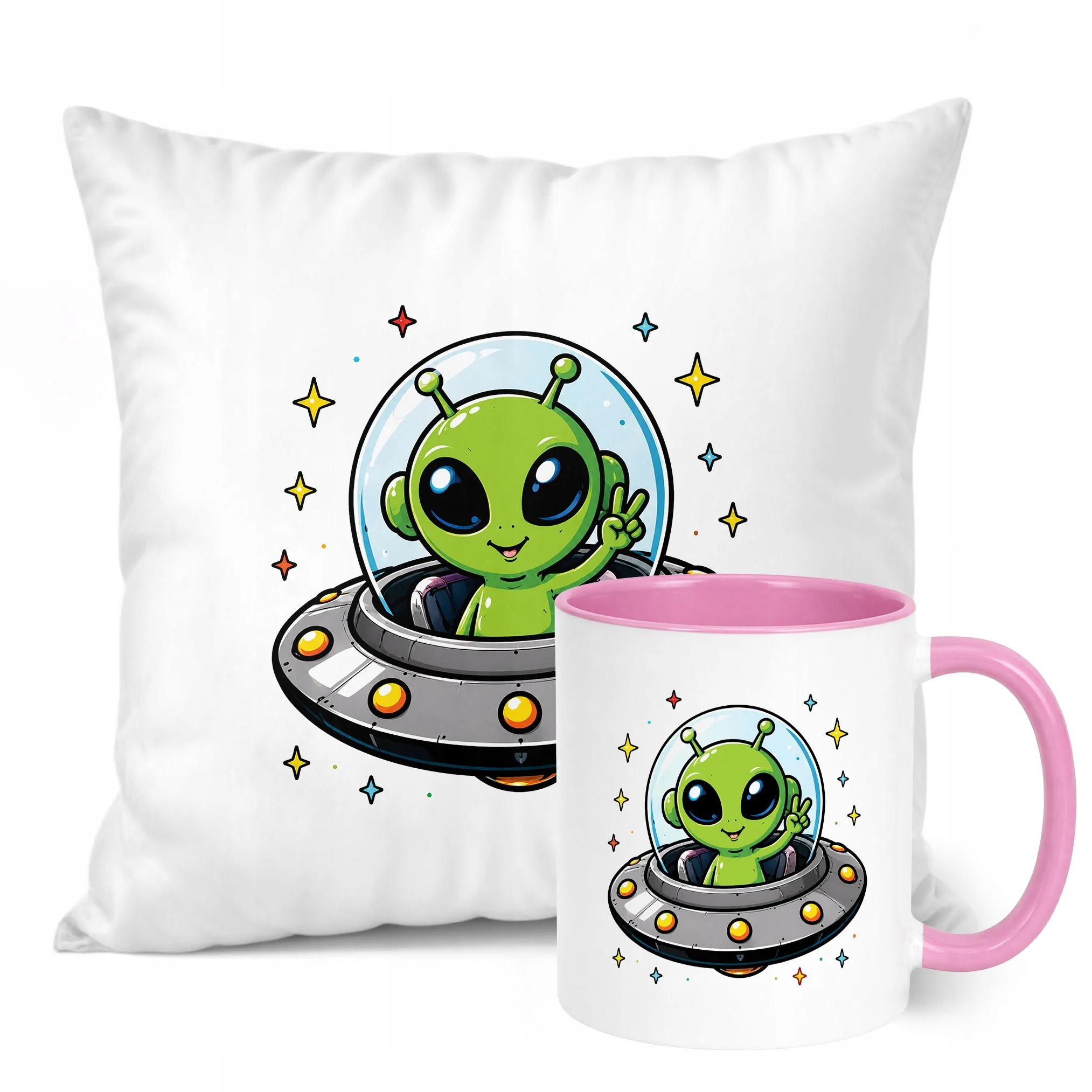 Zestaw Kubek Różowy Poduszka Z Nadrukiem Kosmita UFO Prezent
