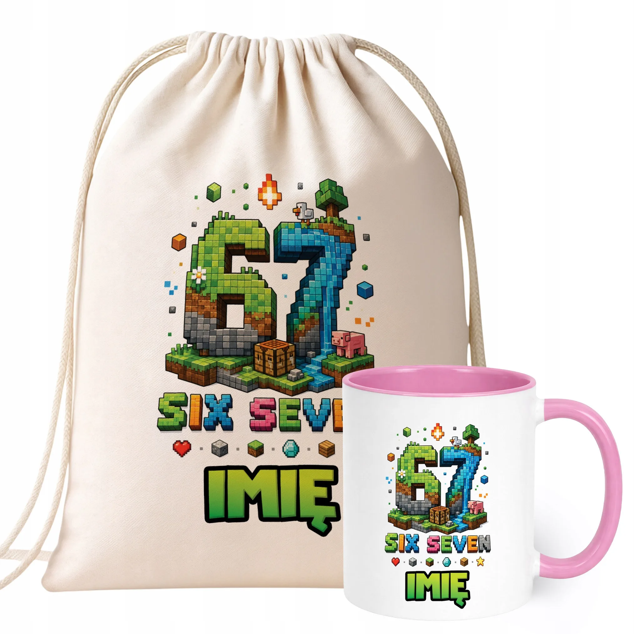 Zestaw Personalizowany Plecak Worek Kubek Różowy 67 Six Seven Prezent