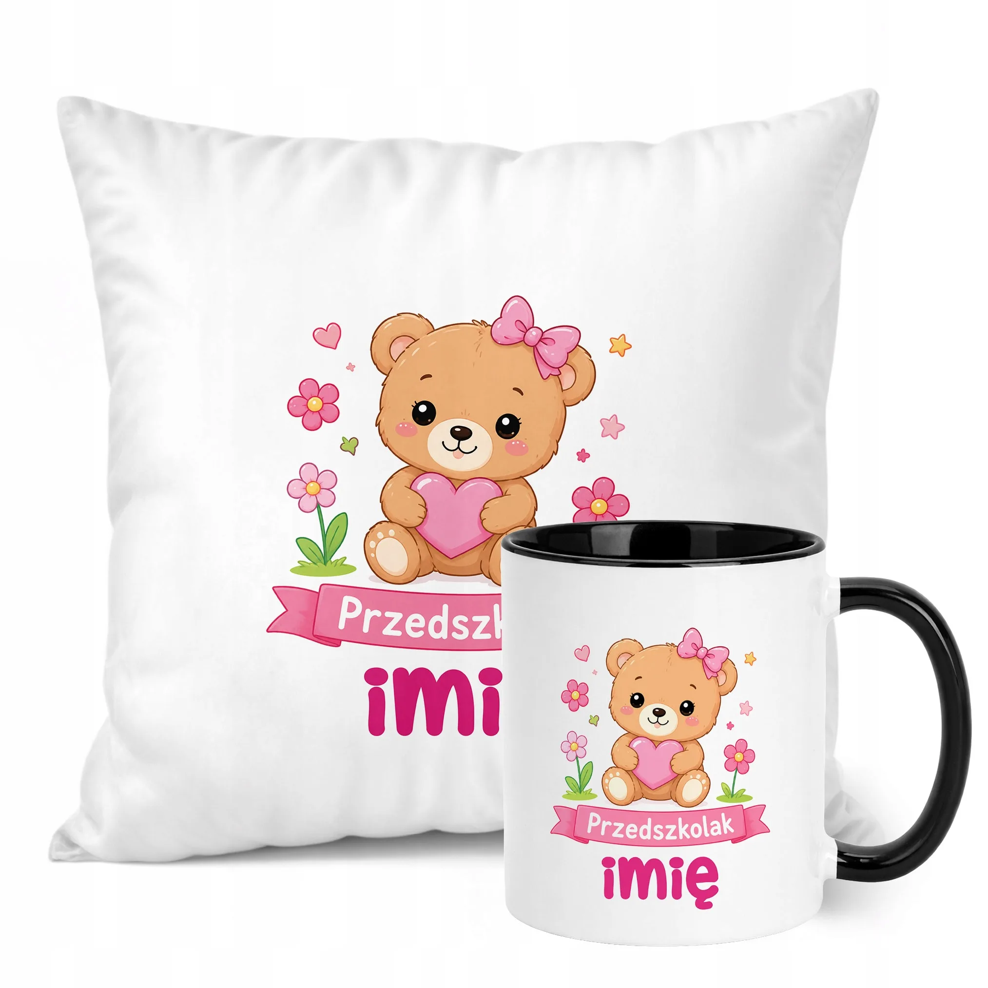 Zestaw Personalizowany Kubek Czarny Poduszka Przedszkolak Miś