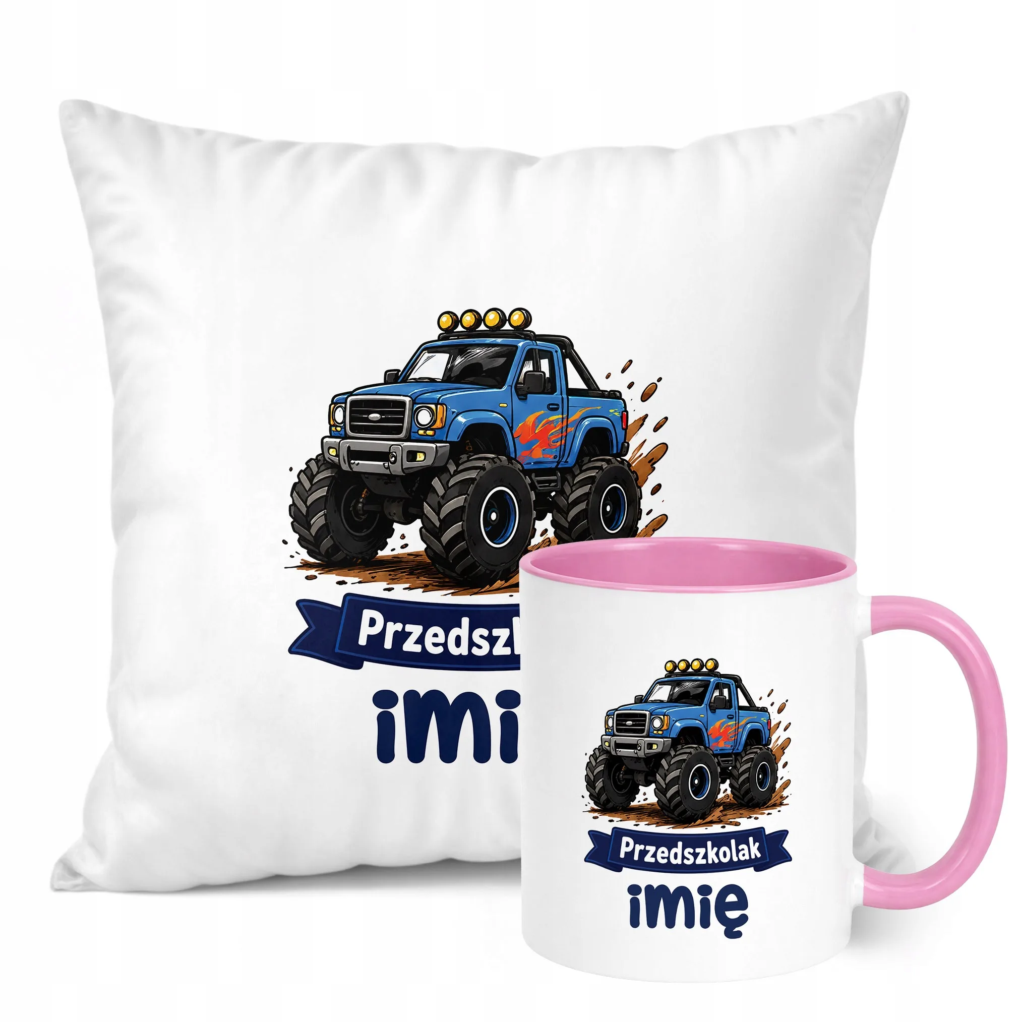 Zestaw Personalizowany Kubek Różowy Poduszka Przedszkolak