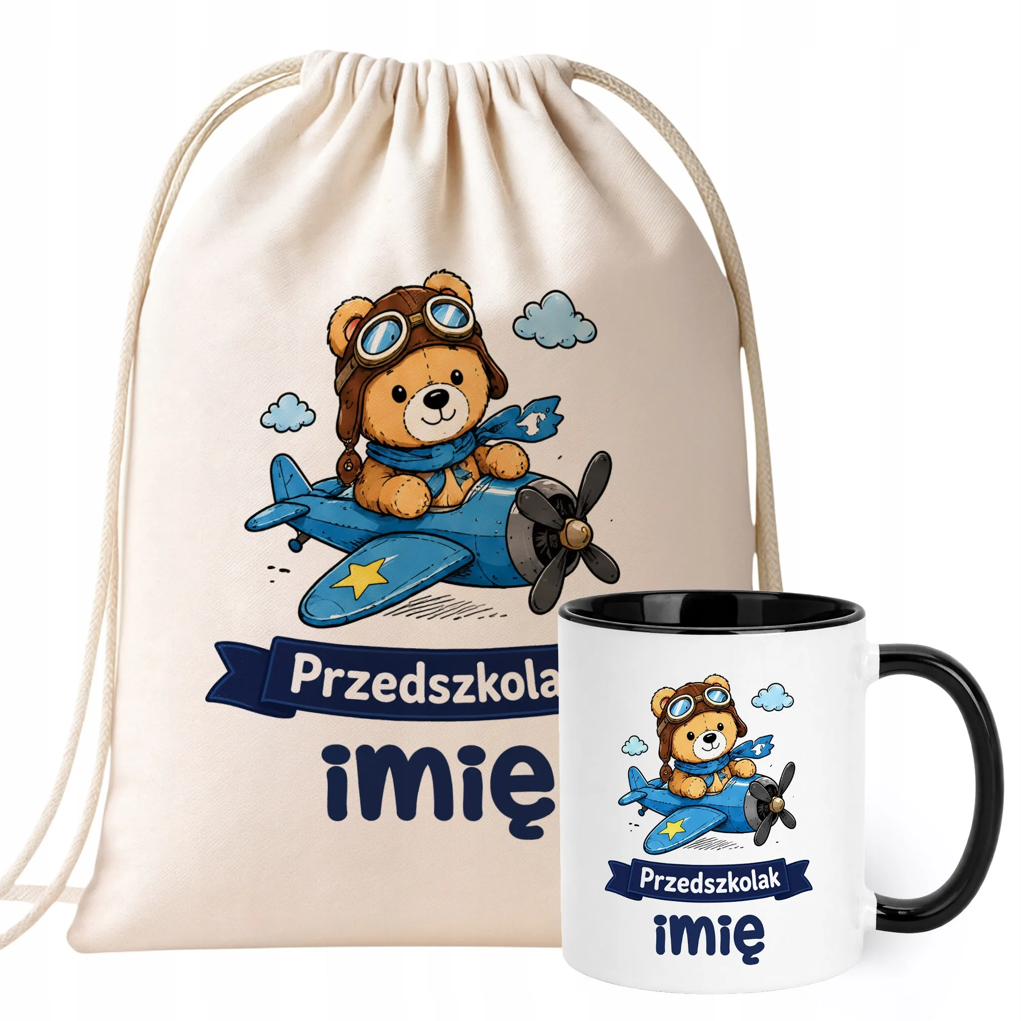 Zestaw Personalizowany Plecak Worek Kubek Czarny Przedszkolak Miś Prezent