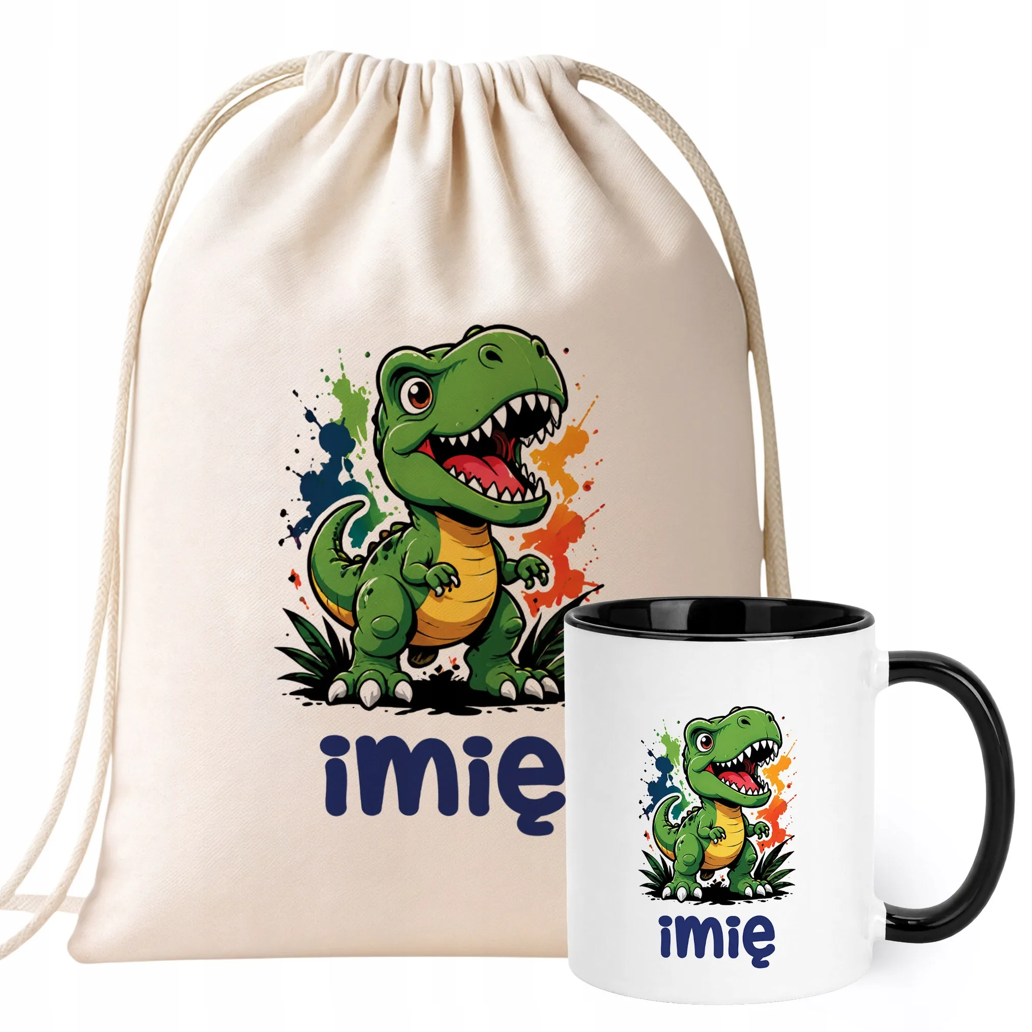 Zestaw Personalizowany Plecak Worek Kubek Czarny T-rex Prezent