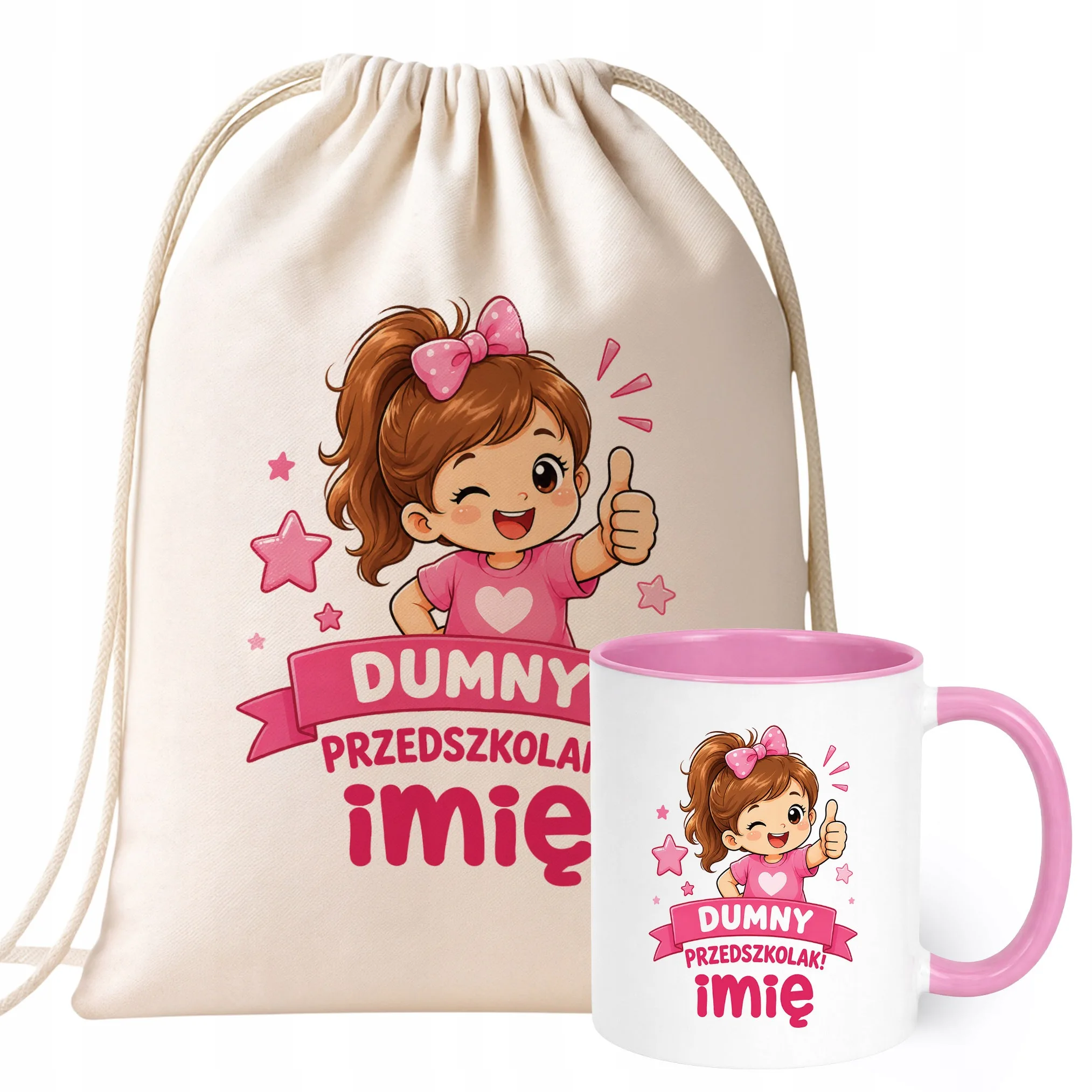 Zestaw Personalizowany Plecak Worek Kubek Różowy Dumny Przedszkolak
