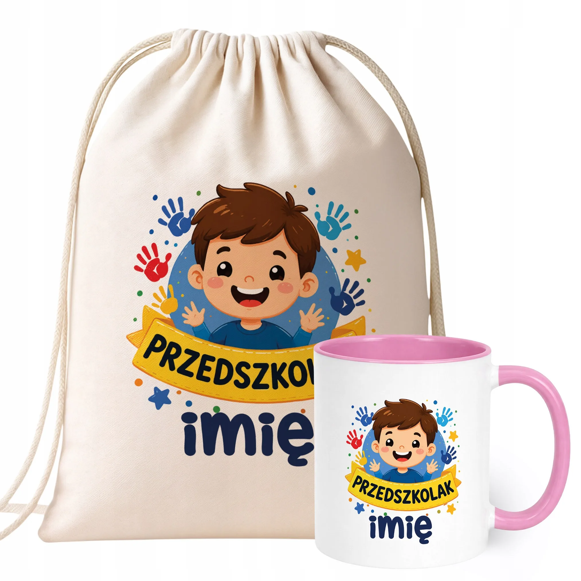 Zestaw Personalizowany Plecak Worek Kubek Różowy Przedszkolak Prezent