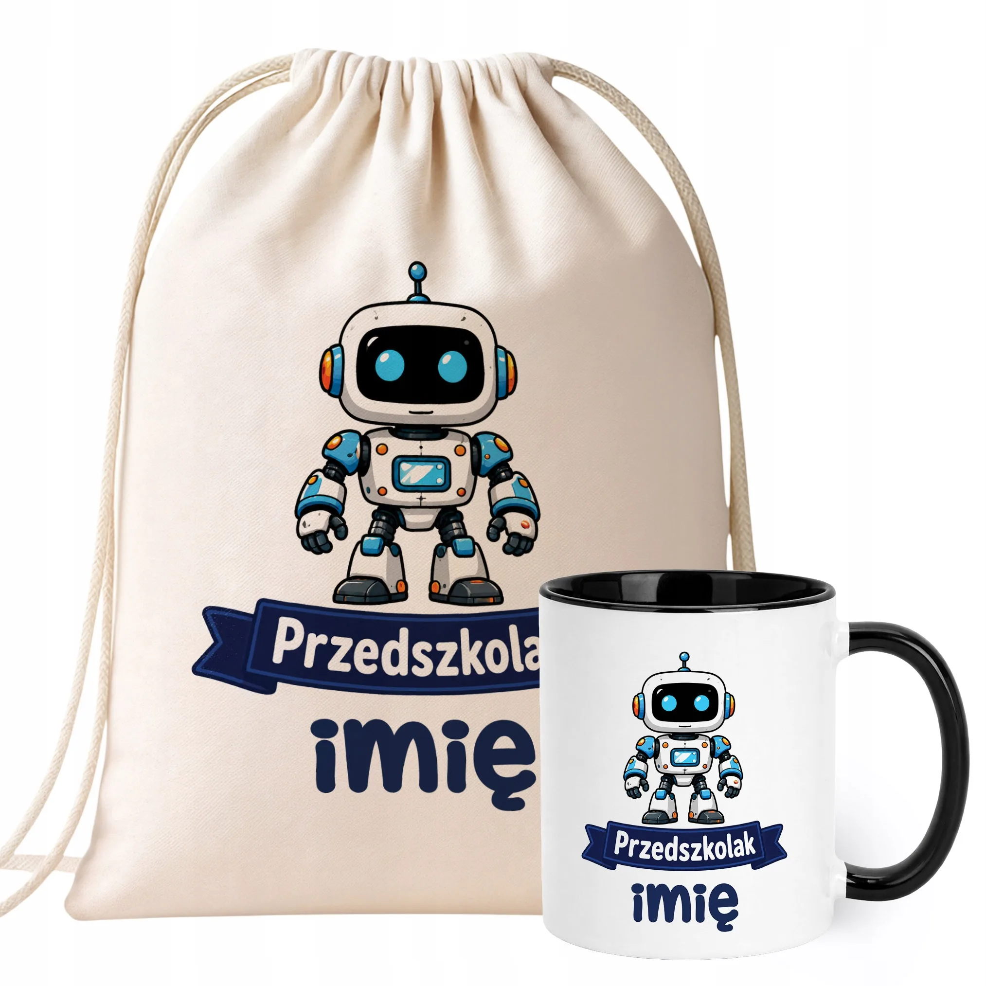 Zestaw Personalizowany Plecak Worek Kubek Czarny Przedszkolak Robot