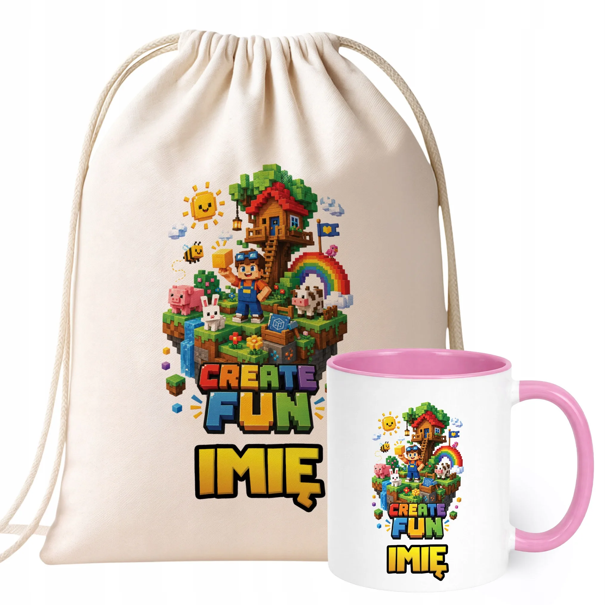 Zestaw Personalizowany Plecak Worek Kubek Różowy gra Create Fun Prezent