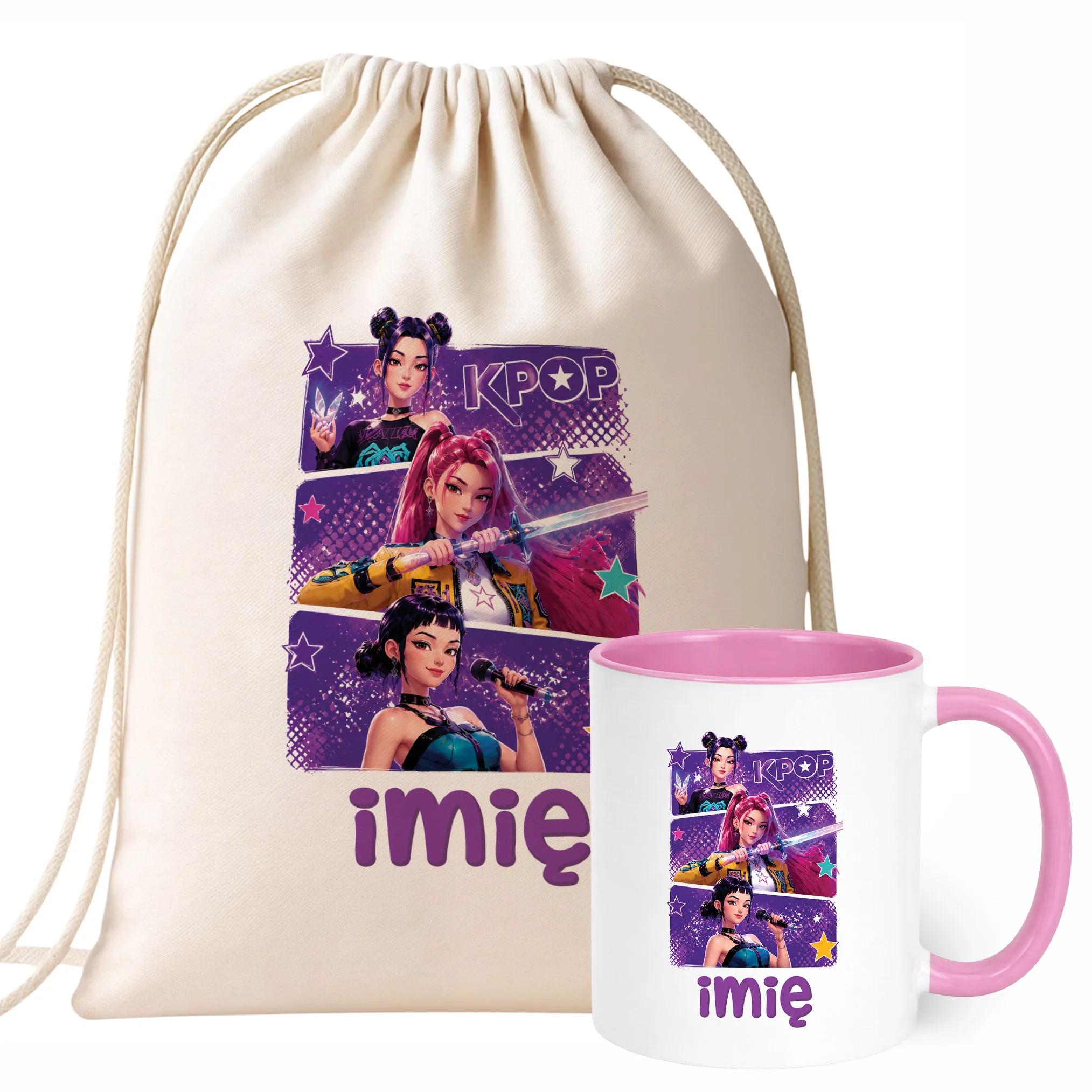 Zestaw Personalizowany Plecak Worek Kubek Różowy Łowczynie Kpop Prezent